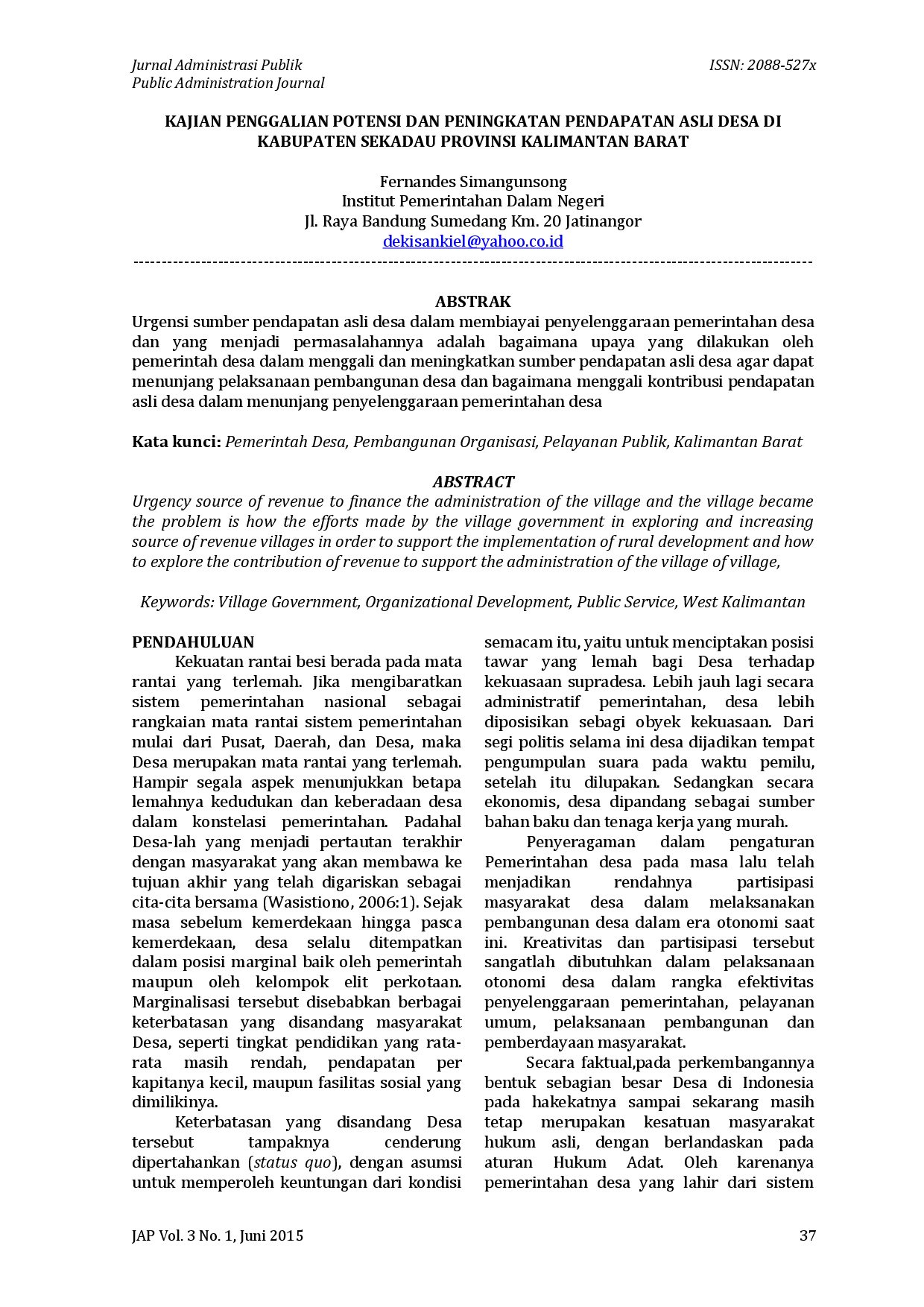 juris Kajian Penggalian Potensi Dan Peningkatan Pendapatan Asli Desa di Kabupaten Sekadau Provinsi Kalimantan Barat