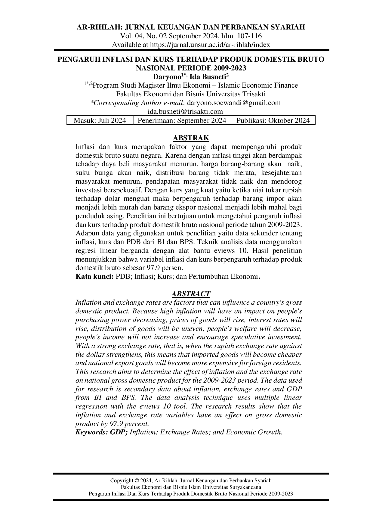 JURIS Pengaruh Inflasi dan Kurs Terhadap Produk Domestik Bruto Nasional Periode 2009 2023