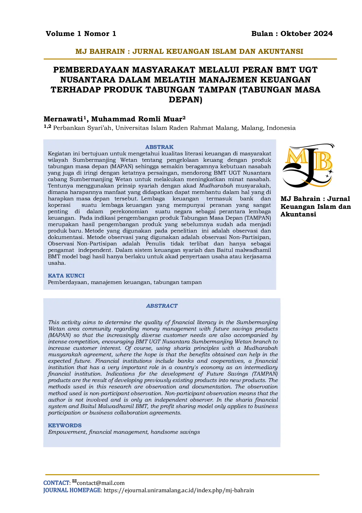 JURIS Pemberdayaan Masyarakat Melalui Peran Bmt Ugt Nusantara Dalam Melatih Manajemen Keuangan Terhadap Produk Tabungan Tampan Tabungan Masa Depan