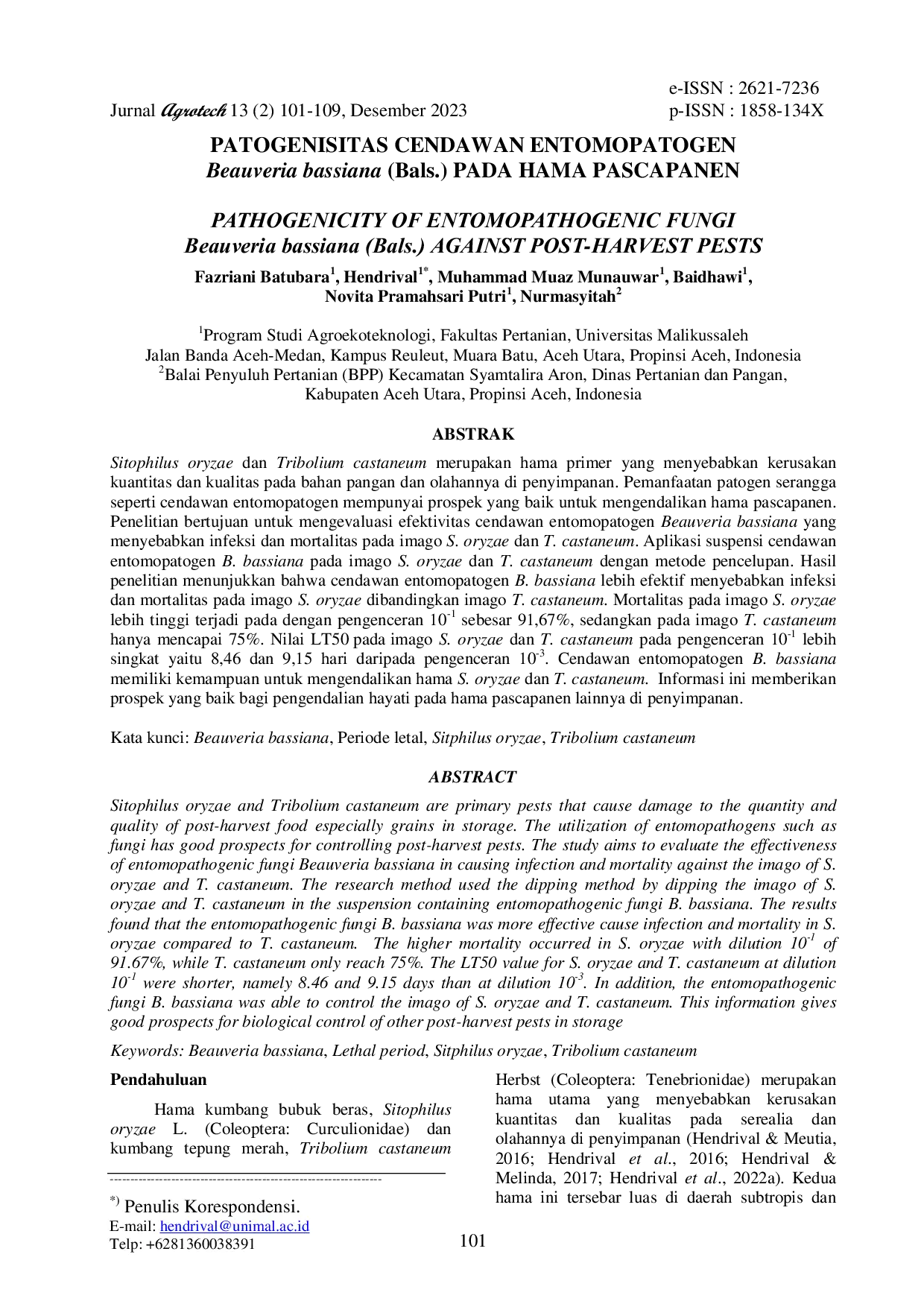 JURIS Patogenisitas Cendawan Entomopatogen Beauveria Bassiana Bals Pada Hama Pasca panen