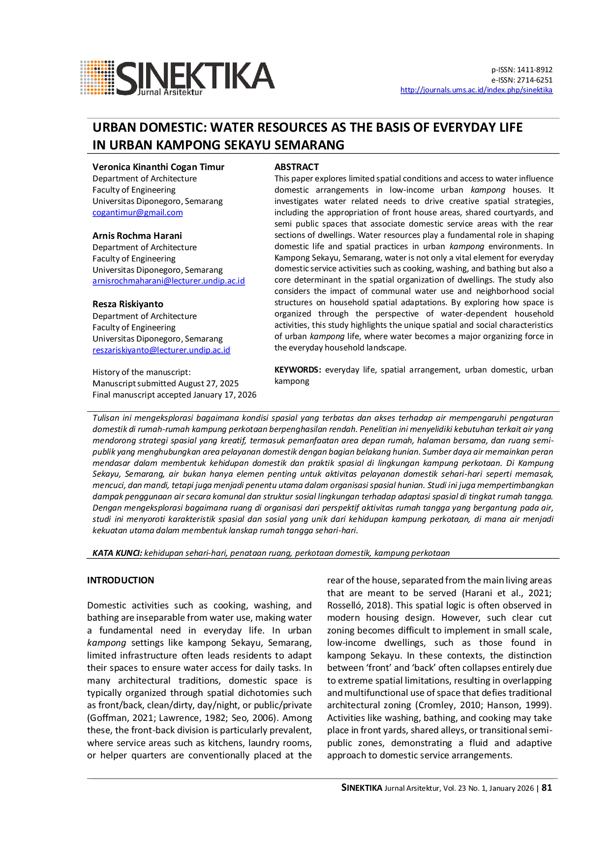 JURIS Urban Domestic Water Resources as the Basis of Everyday Life in Urban Kampong Sekayu Semarang