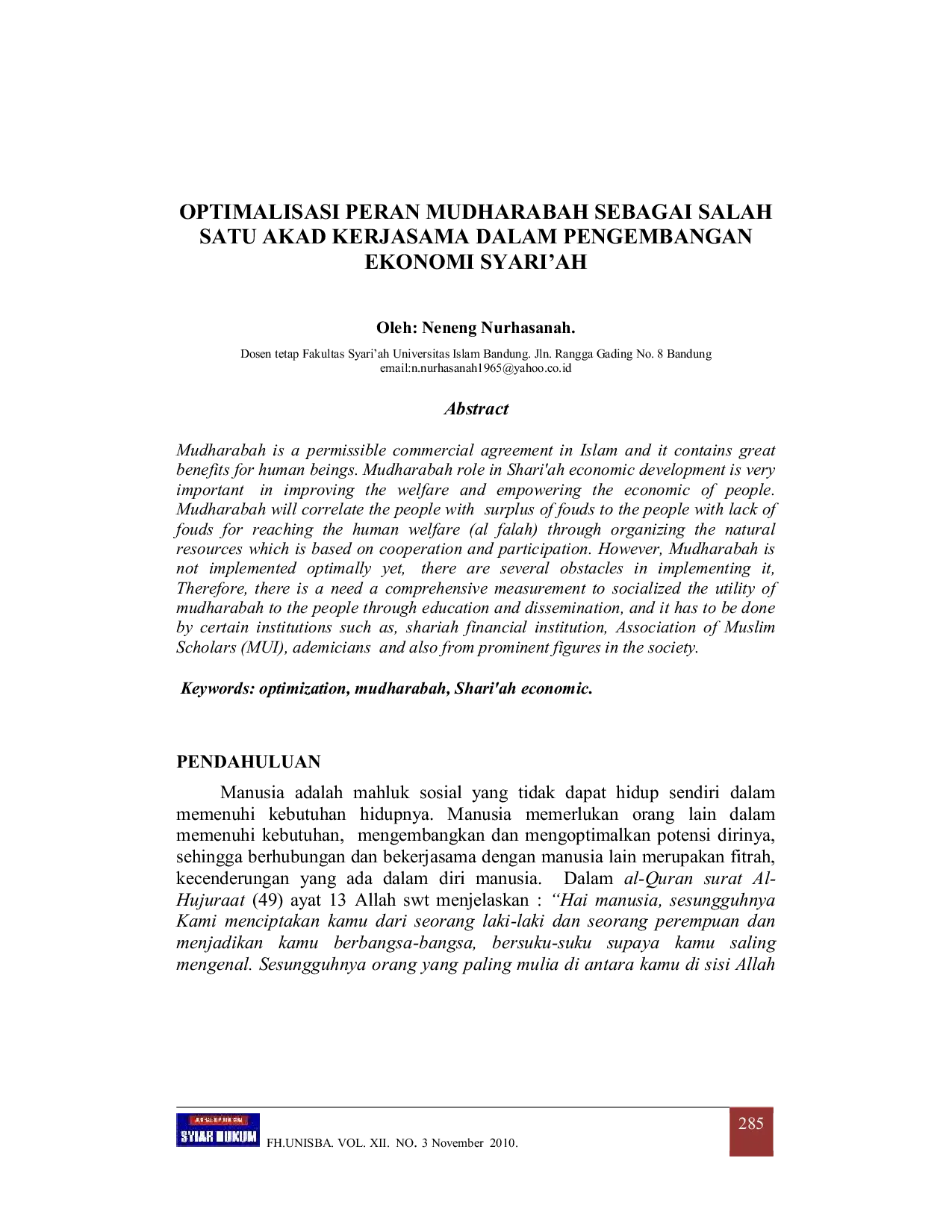 JURIS Optimalisasi Peran Mudharabah Sebagai Salah Satu Akad Kerjasama dalam Pengembangan Ekonomi Syari ah