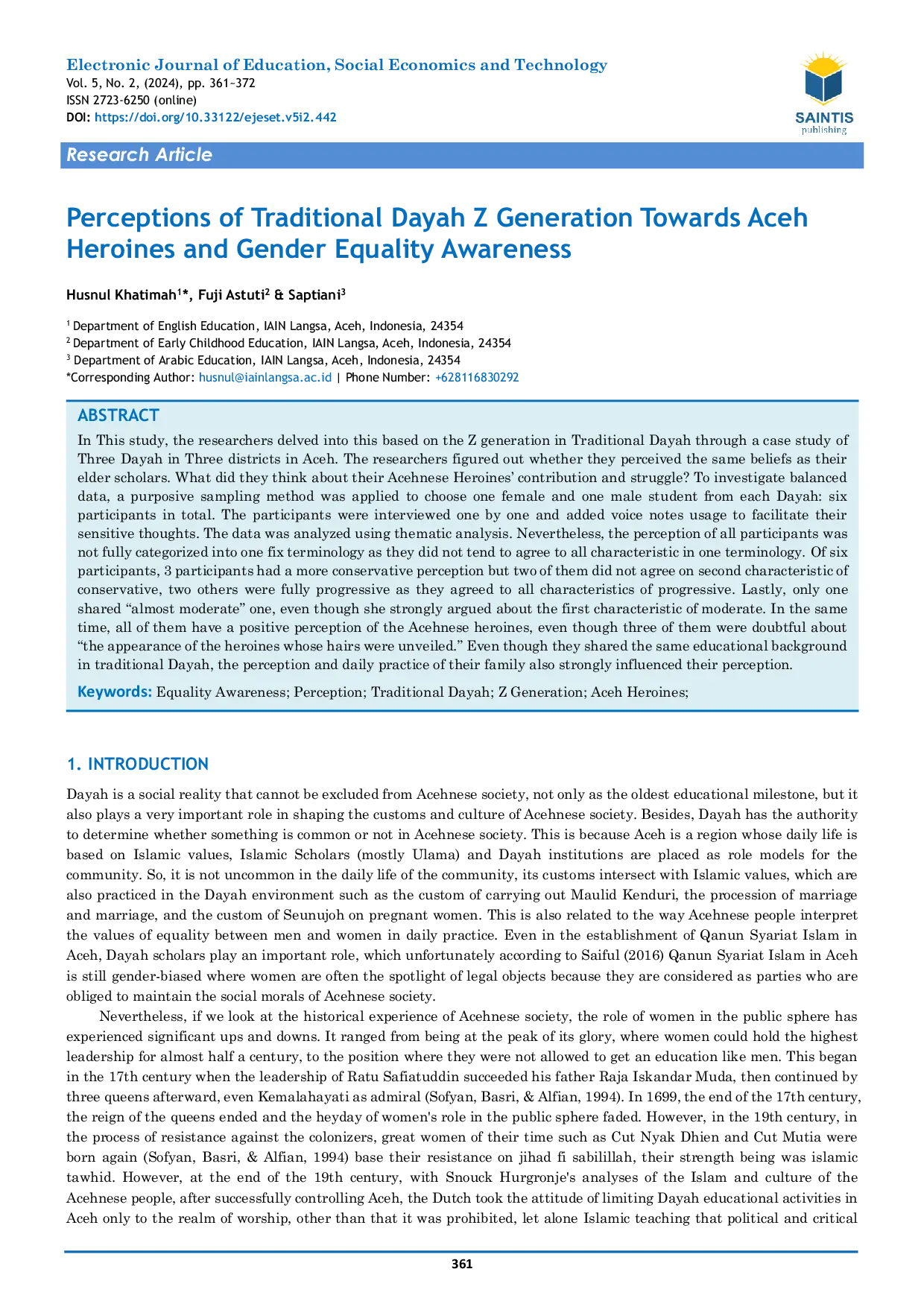 JURIS Perceptions of Traditional Dayah Z Generation Towards Aceh Heroines and Gender Equality Awareness