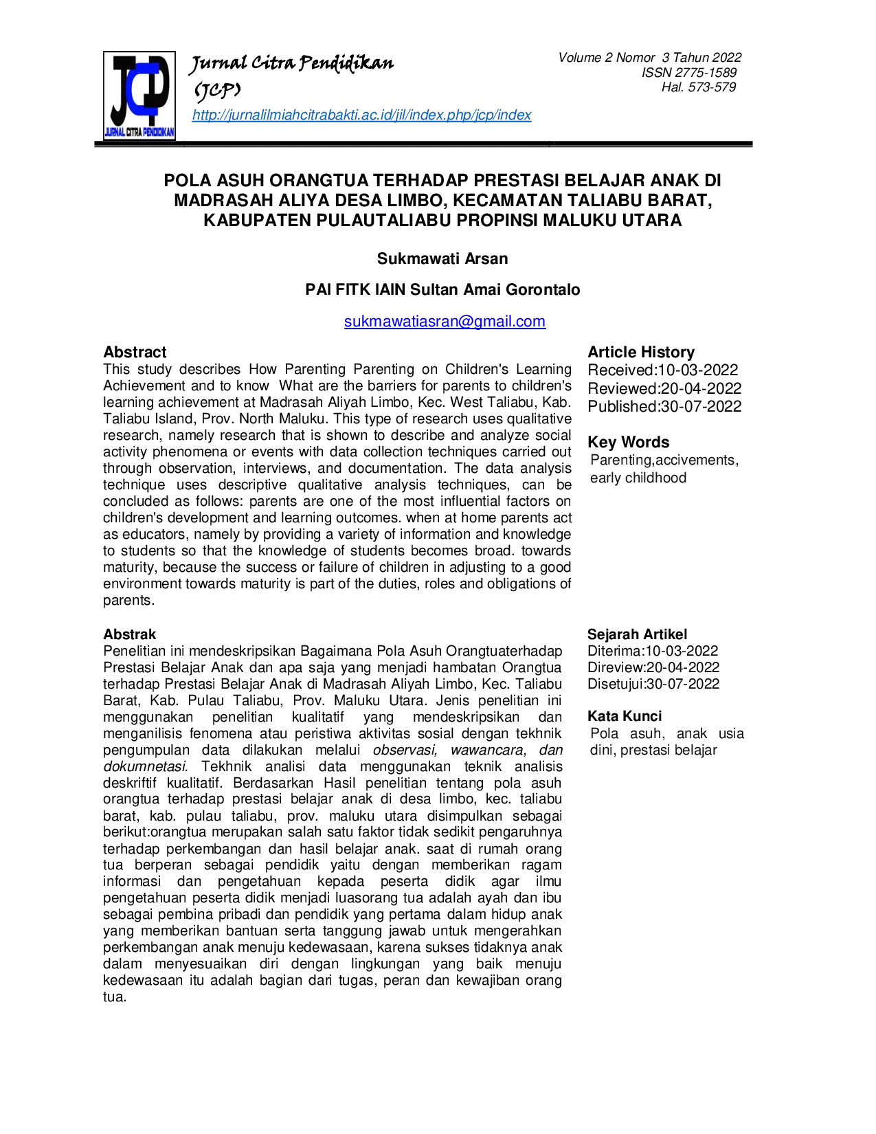 JURIS Pola Asuh Orangtua Terhadap Prestasi Belajar Anak Di Madrasah Aliyah Desa Limbo Kecamatan Taliabu Barat Kabupaten Pulau Taliabu Propinsi Maluku Utara