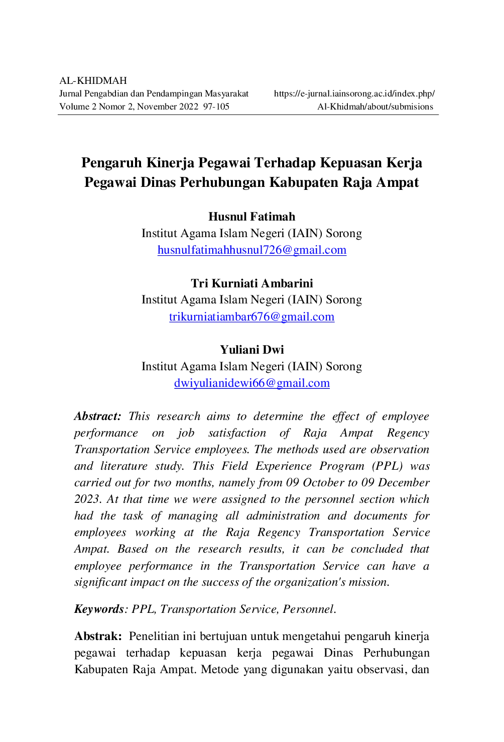 JURIS Pengaruh Kinerja Pegawai Terhadap Kepuasan Kerja Pegawai Dinas Perhubungan Kabupaten Raja Ampat