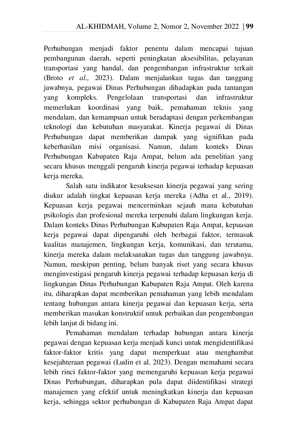 JURIS Pengaruh Kinerja Pegawai Terhadap Kepuasan Kerja Pegawai Dinas Perhubungan Kabupaten Raja Ampat