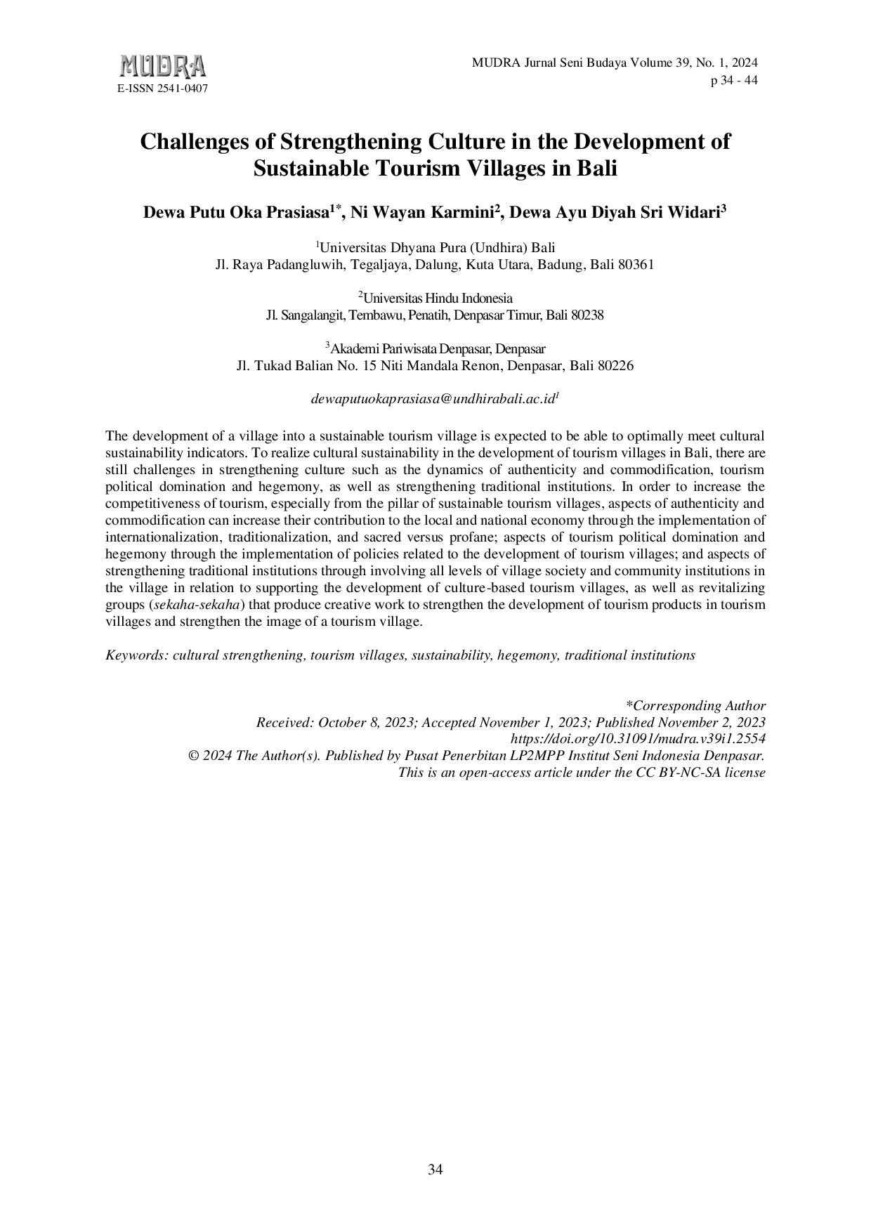 JURIS Challenges of Strengthening Culture in the Development of Sustainable Tourism Villages in Bali