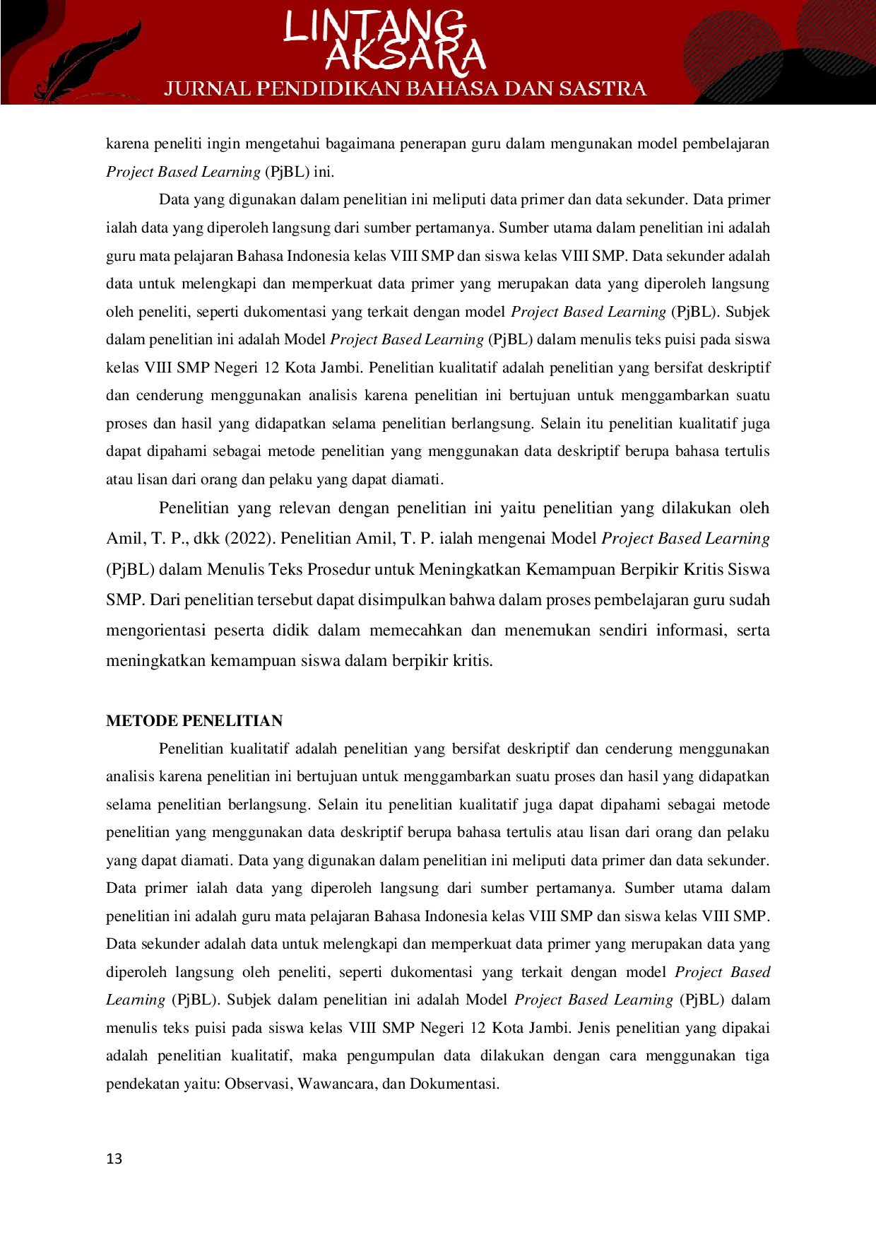 JURIS Penerapan Model Pembelajaran Project Based Learning PjBL dalam Menulis Teks Puisi di Kelas VIII SMP