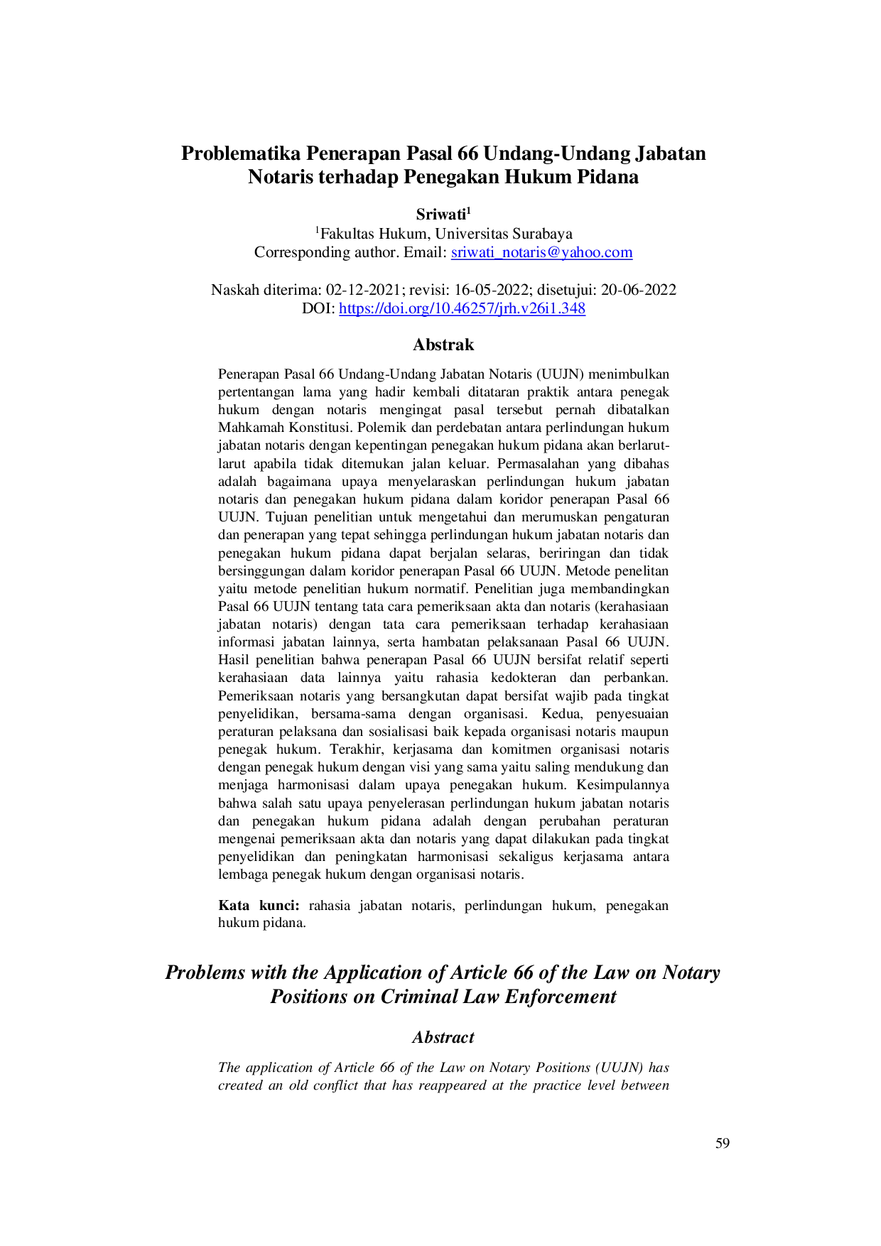 juris Problematika Penerapan Pasal 66 Undang Undang Jabatan Notaris terhadap Penegakan Hukum Pidana Problems with the Application of Article 66 of the Law on Notary Positions on Criminal Law Enforcement