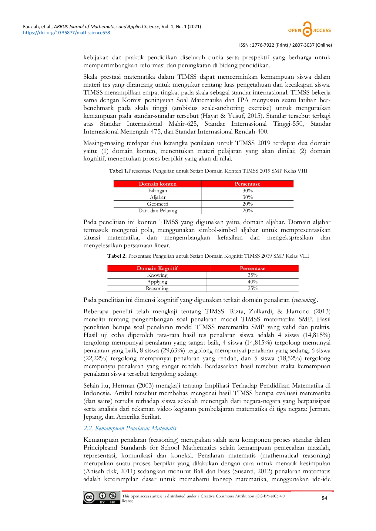 JURIS Students mathematical reasoning ability in solving TIMSS cognitive domain on Algebraic based on students thinking style