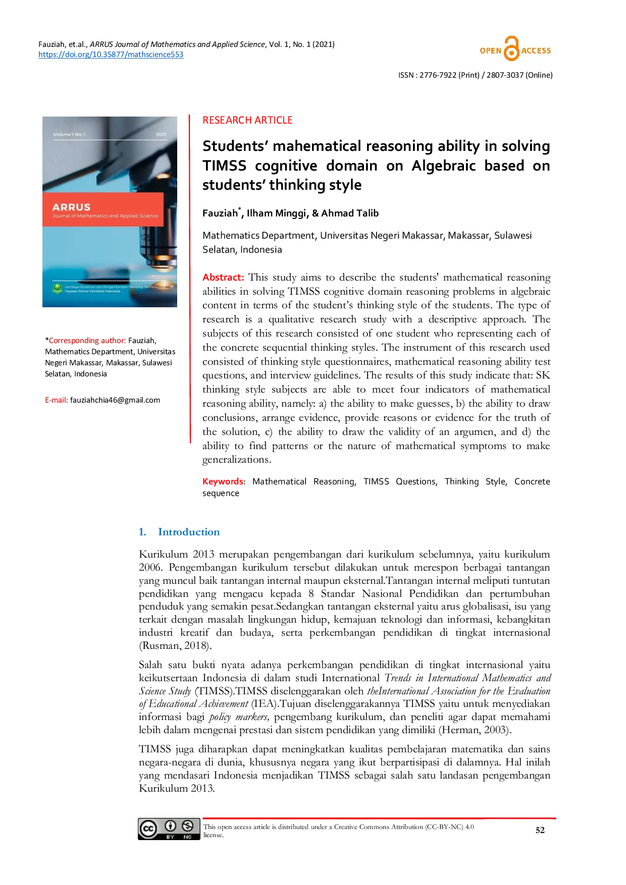 JURIS Students mathematical reasoning ability in solving TIMSS cognitive domain on Algebraic based on students thinking style