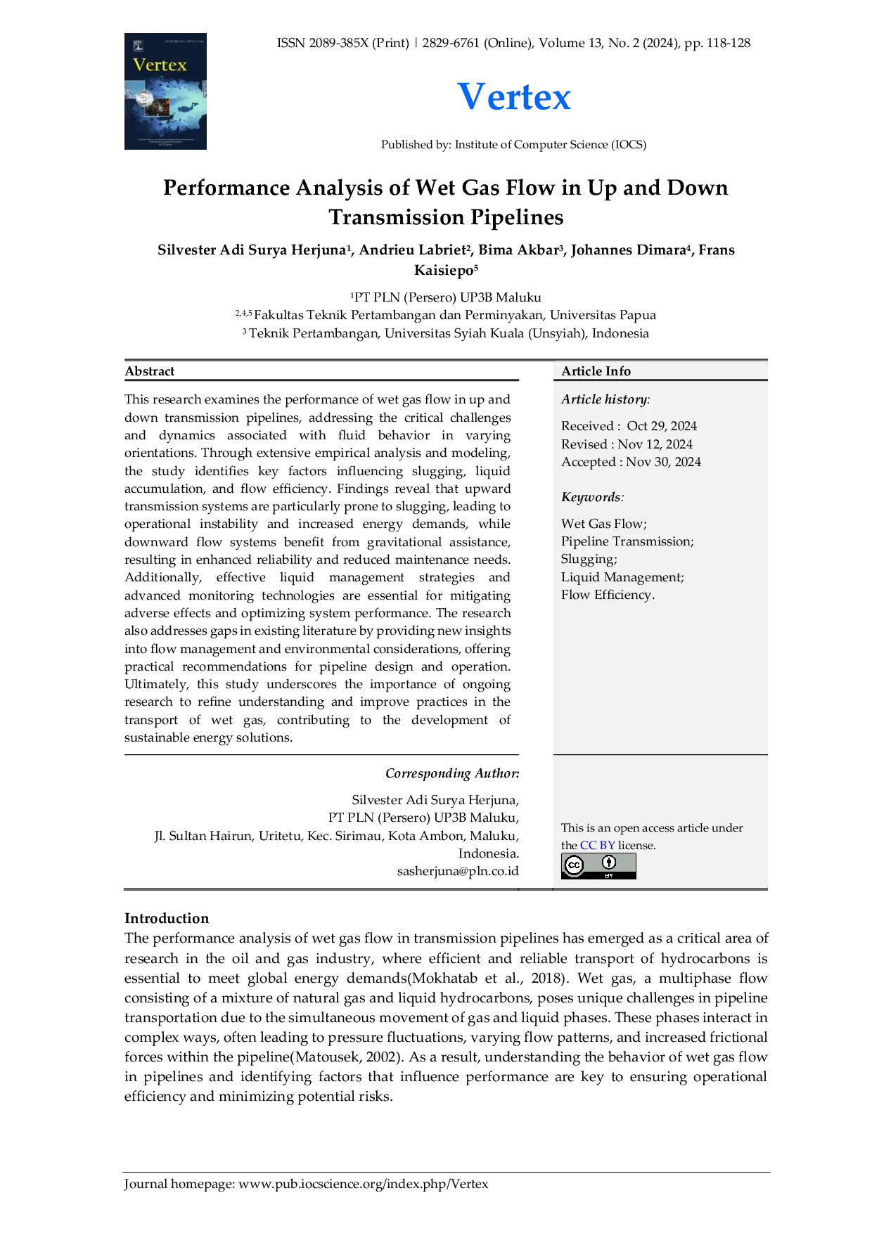 JURIS Performance Analysis of Wet Gas Flow in Up and Down Transmission Pipelines