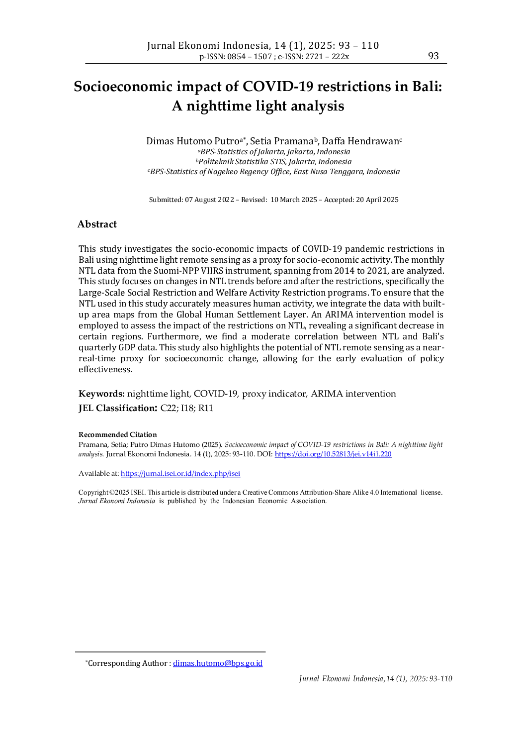 JURIS Socioeconomic impact of COVID 19 restrictions in Bali A nighttime light analysis