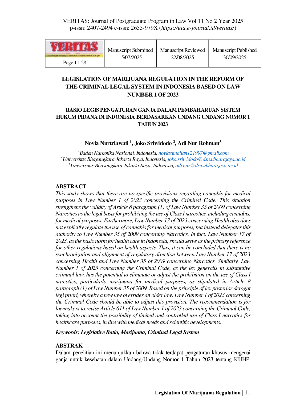 JURIS Legislation Of Marijuana Regulation In The Reform Of The Criminal Legal System In Indonesia Based On Law Number 1 Of 2023