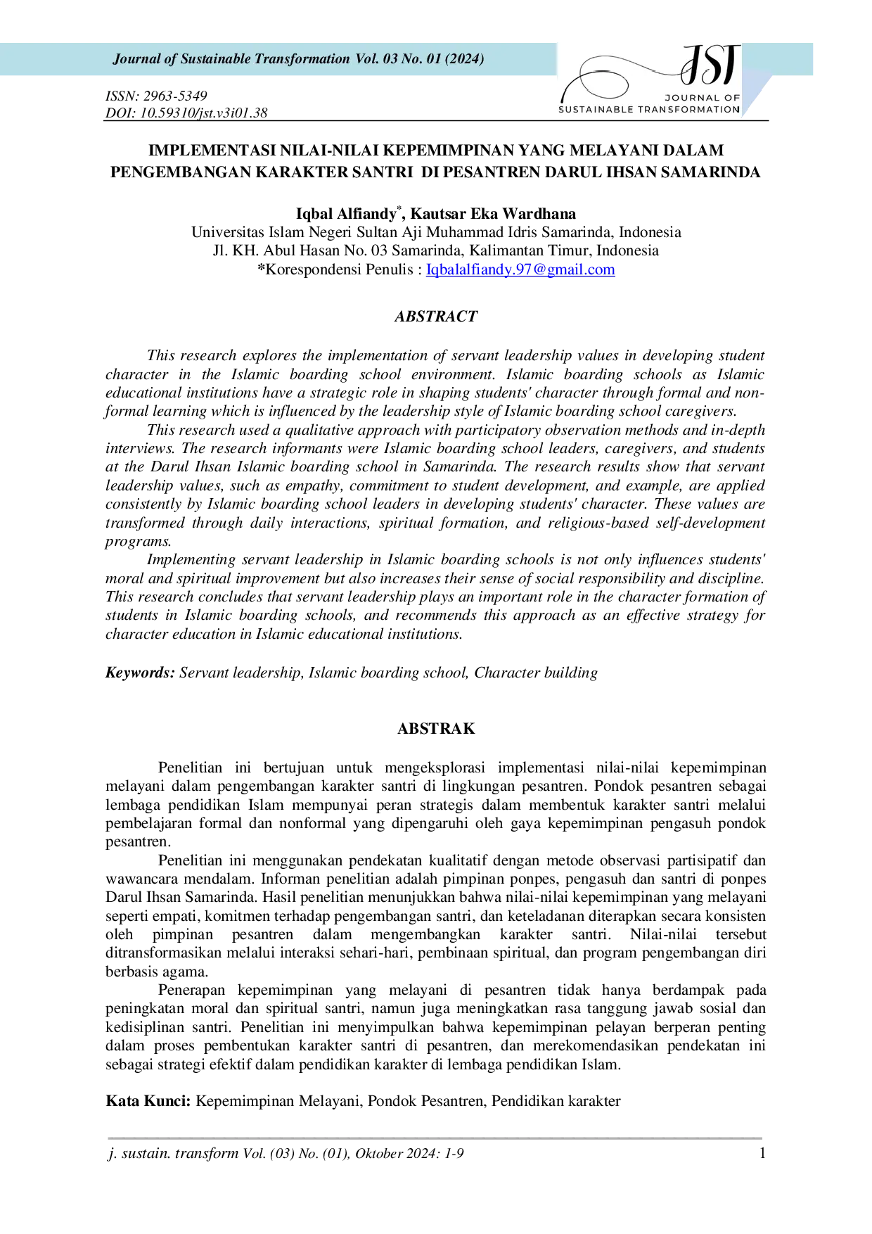 juris Implementasi Nilai Nilai Kepemimpinan Yang Melayani Dalam Pengembangan Karakter Santri Di Pesantren Darul Ihsan Samarinda