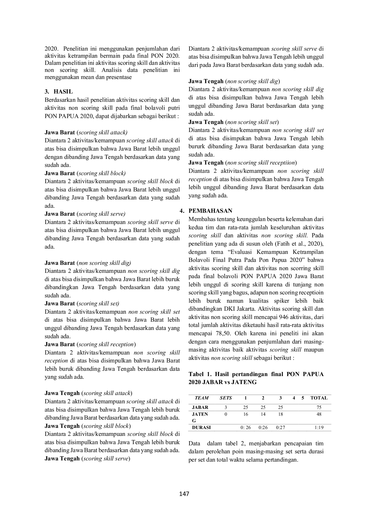 JURIS Evaluasi Keterampilan Bermain Bolavoli Putri Pada Final PON Papua Ke 20 Pada Tahun 2020