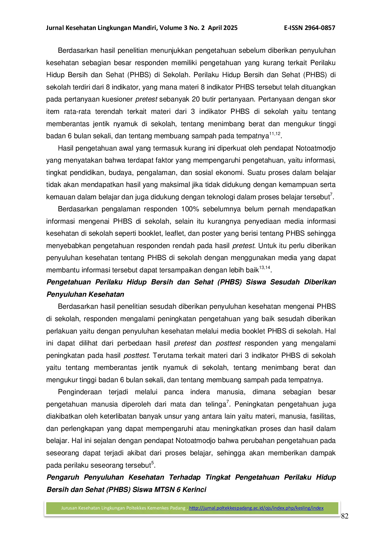 JURIS Pengaruh Penyuluhan Kesehatan Terhadap Tingkat Pengetahuan Perilaku Hidup Bersih Dan Sehat Phbs