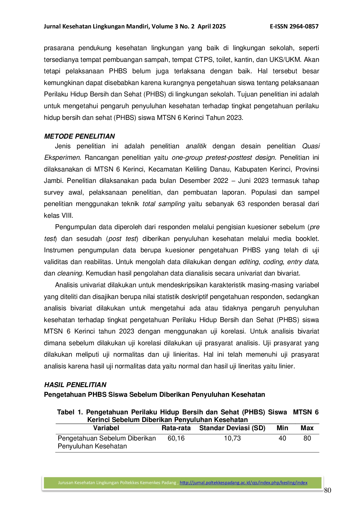 JURIS Pengaruh Penyuluhan Kesehatan Terhadap Tingkat Pengetahuan Perilaku Hidup Bersih Dan Sehat Phbs