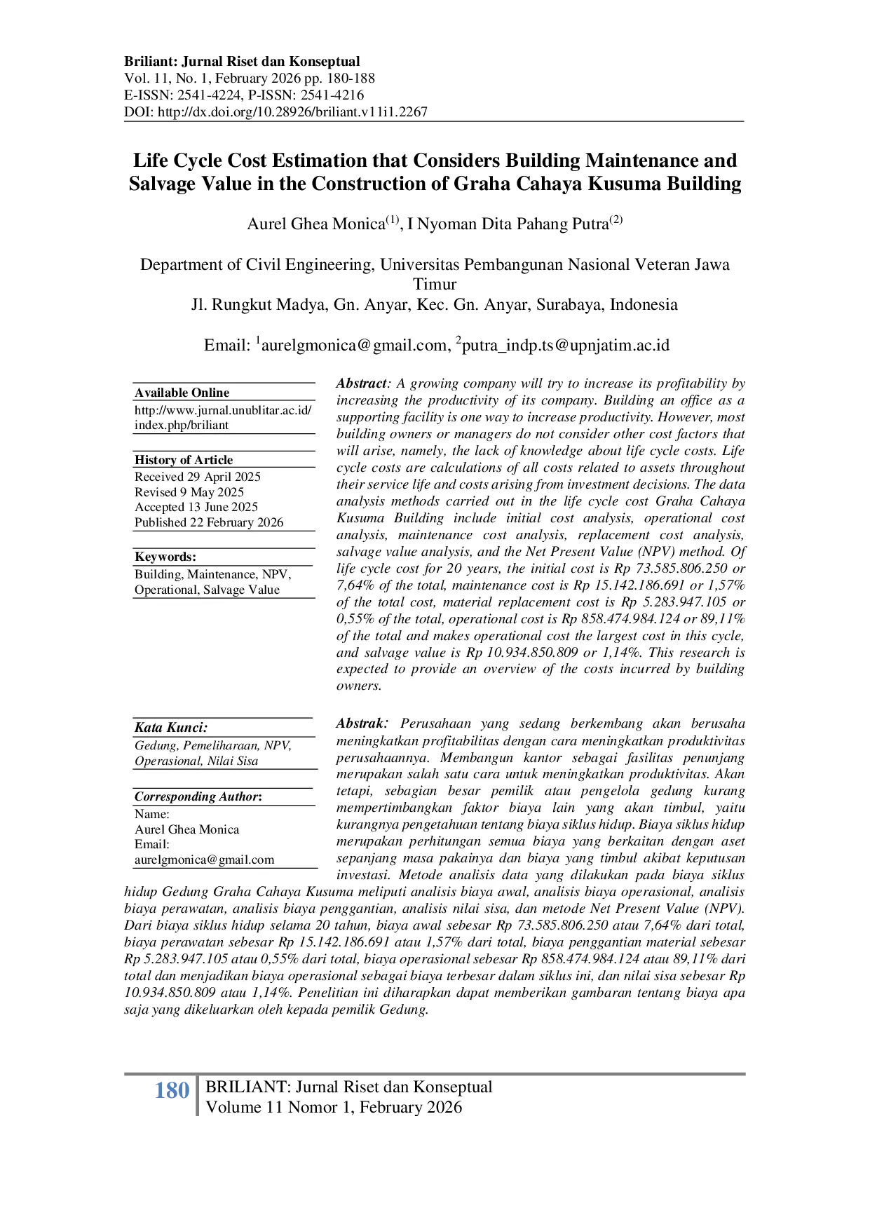 JURIS Life Cycle Cost Estimation that Considers Building Maintenance and Salvage Value in the Construction of Graha Cahaya Kusuma Building