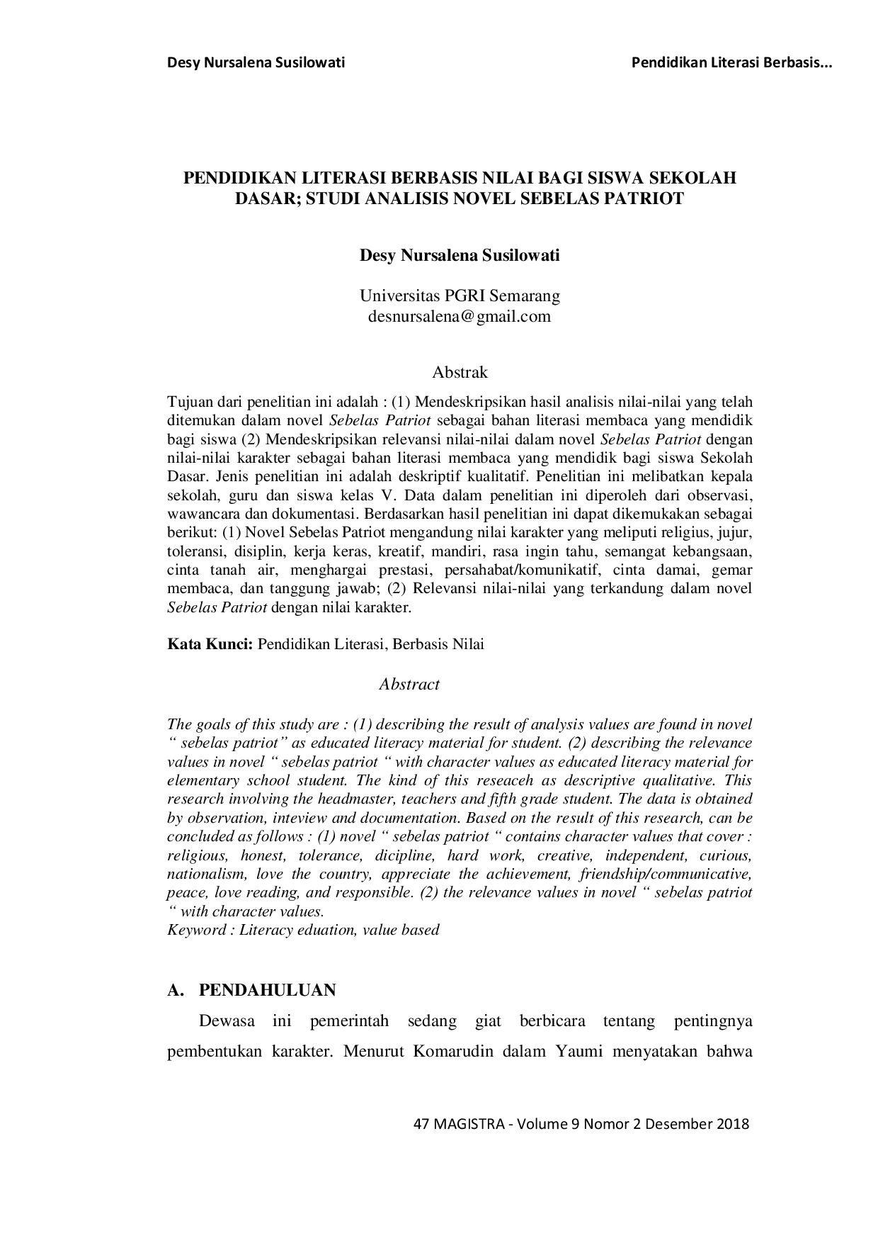 JURIS Pendidikan Literasi Berbasis Nilai bagi Siswa Sekolah Dasar Studi Analisis Novel Sebelas Patriot