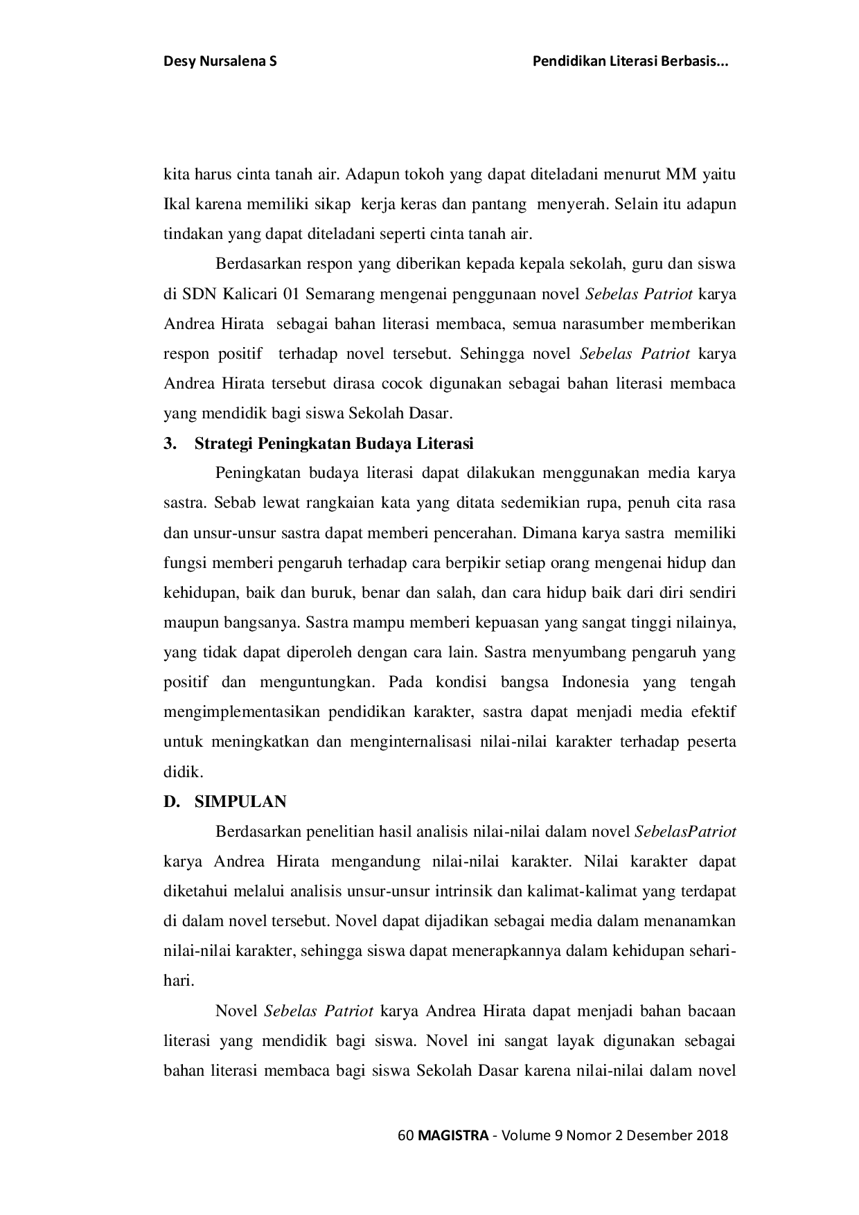 JURIS Pendidikan Literasi Berbasis Nilai bagi Siswa Sekolah Dasar Studi Analisis Novel Sebelas Patriot