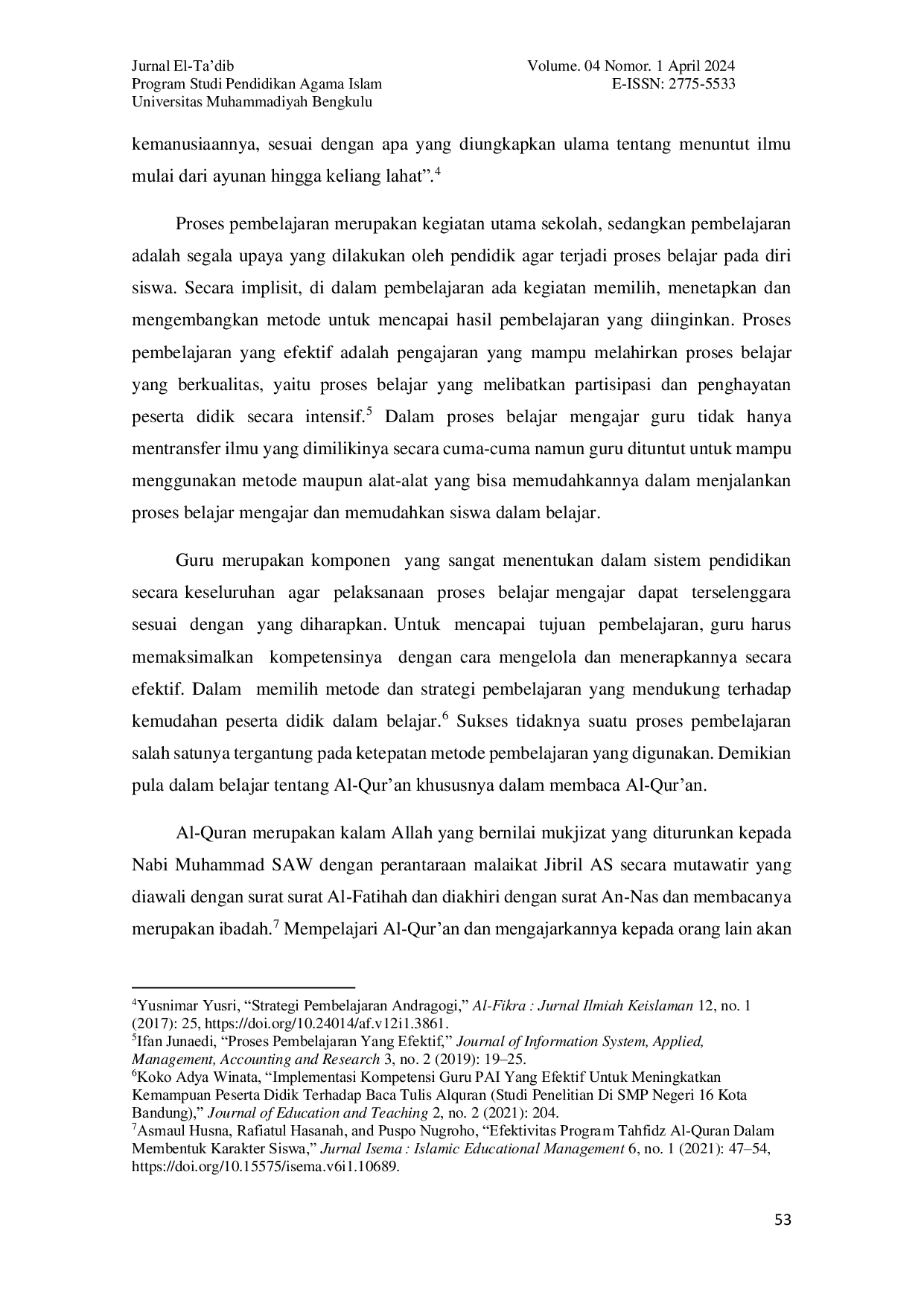 JURIS Penggunaan Metode Drill Dalam Meningkatkan Prestasi Membaca Al Qur an Siswa Sd Muhammadiyah 1 Kota Bengkulu