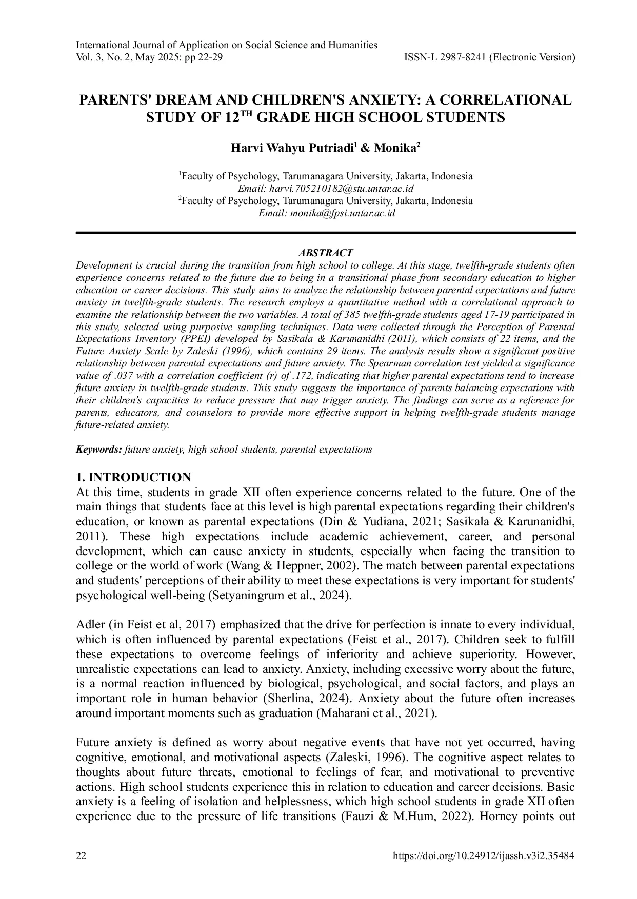JURIS Parents Dream and Children s Anxiety A Correlational Study of 12th Grade High School Students