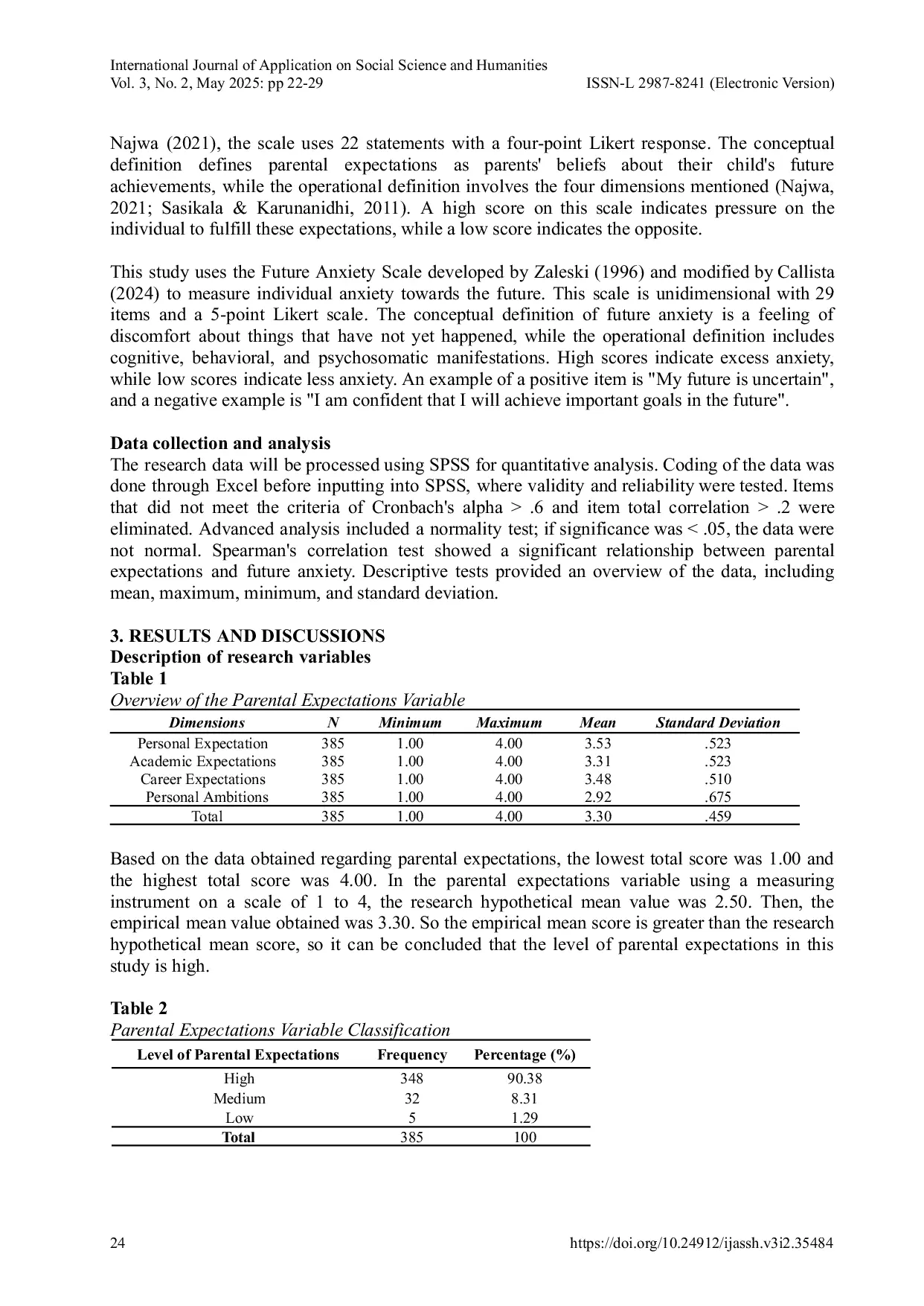 JURIS Parents Dream and Children s Anxiety A Correlational Study of 12th Grade High School Students