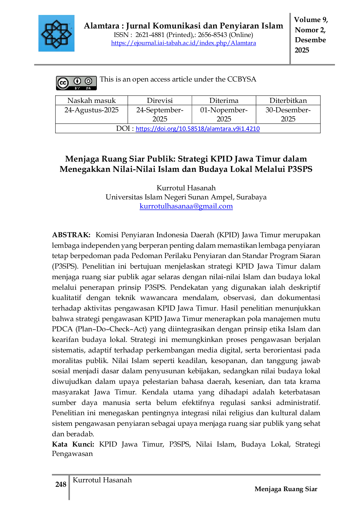 JURIS Menjaga Ruang Siar Publik Strategi KPID Jawa Timur dalam Menegakkan Nilai Nilai Islam dan Budaya Lokal Melalui P3SPS