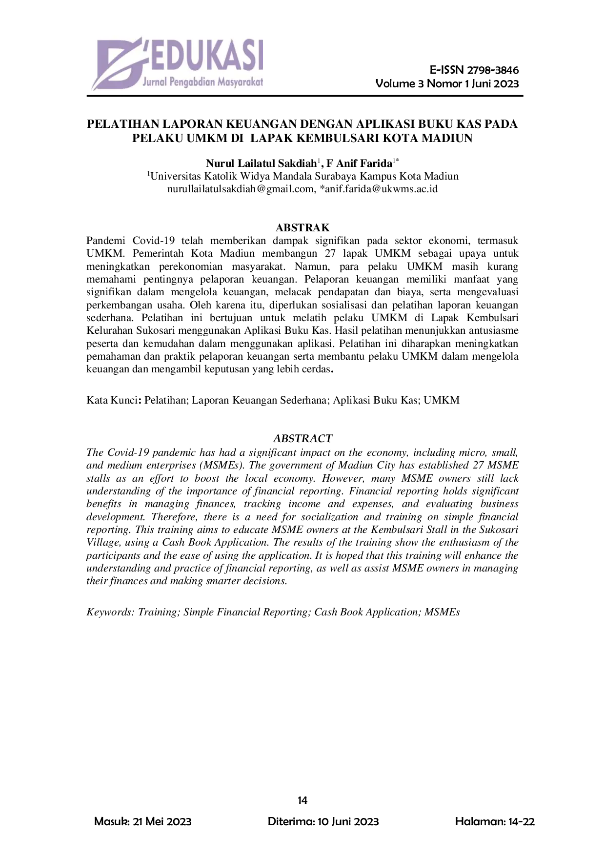 JURIS Pelatihan Laporan Keuangan dengan Aplikasi Buku Kas pada Pelaku UMKM di Lapak Kembulsari Kota Madiun