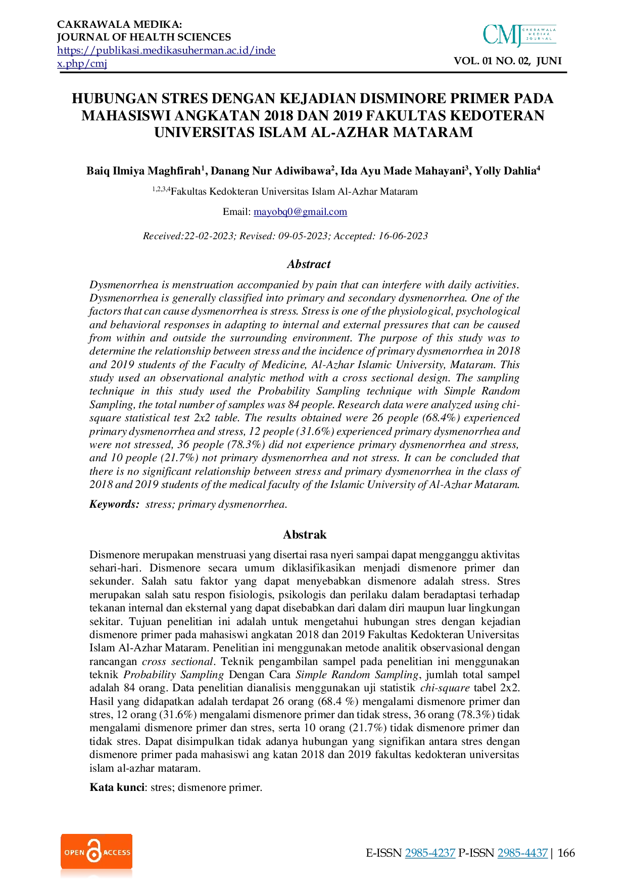 JURIS Hubungan Stres Dengan Kejadian Disminore Primer Pada Mahasiswi Angkatan 2018 Dan 2019 Fakultas Kedokteran Universitas Islam Al Azhar Mataram