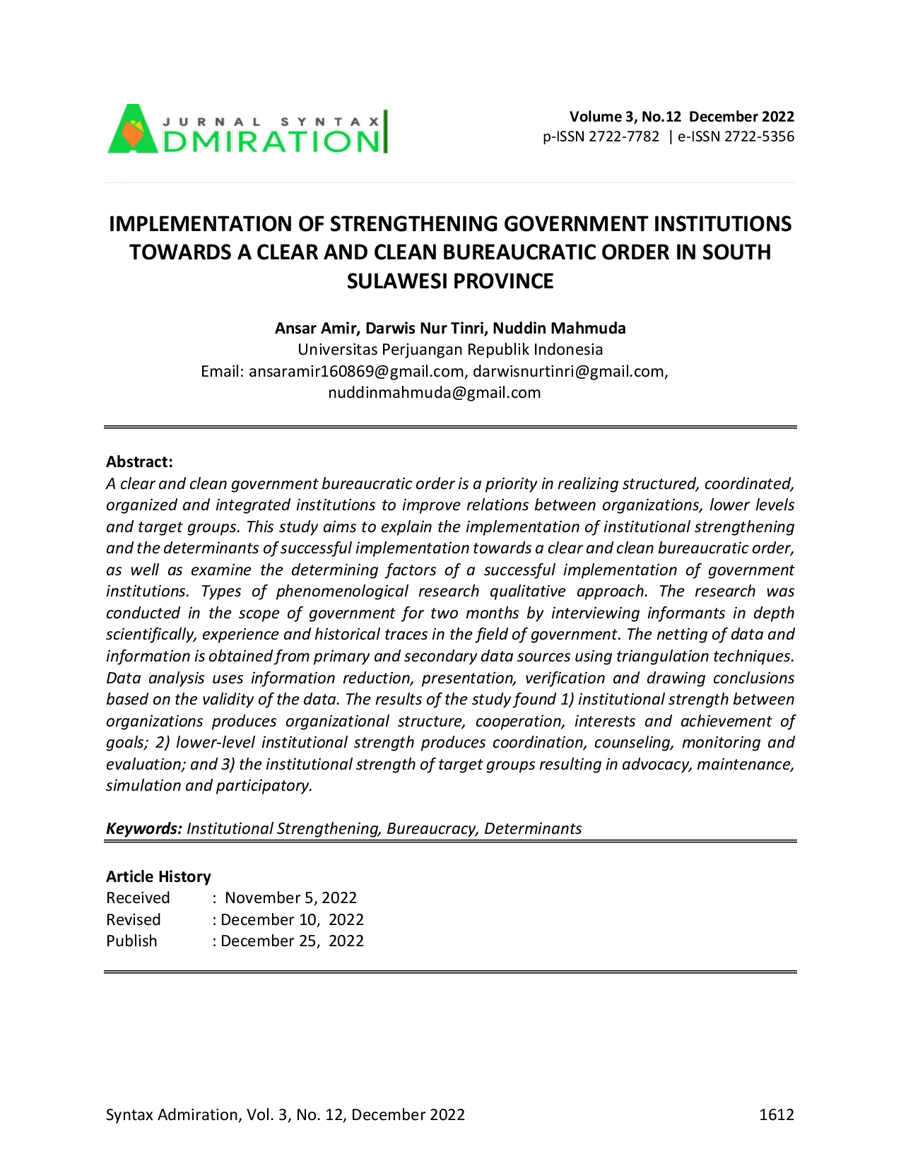 JURIS Implementation of Strengthening Government Institutions Towards a Clear and Clean Bureaucratic Order in South Sulawesi Province
