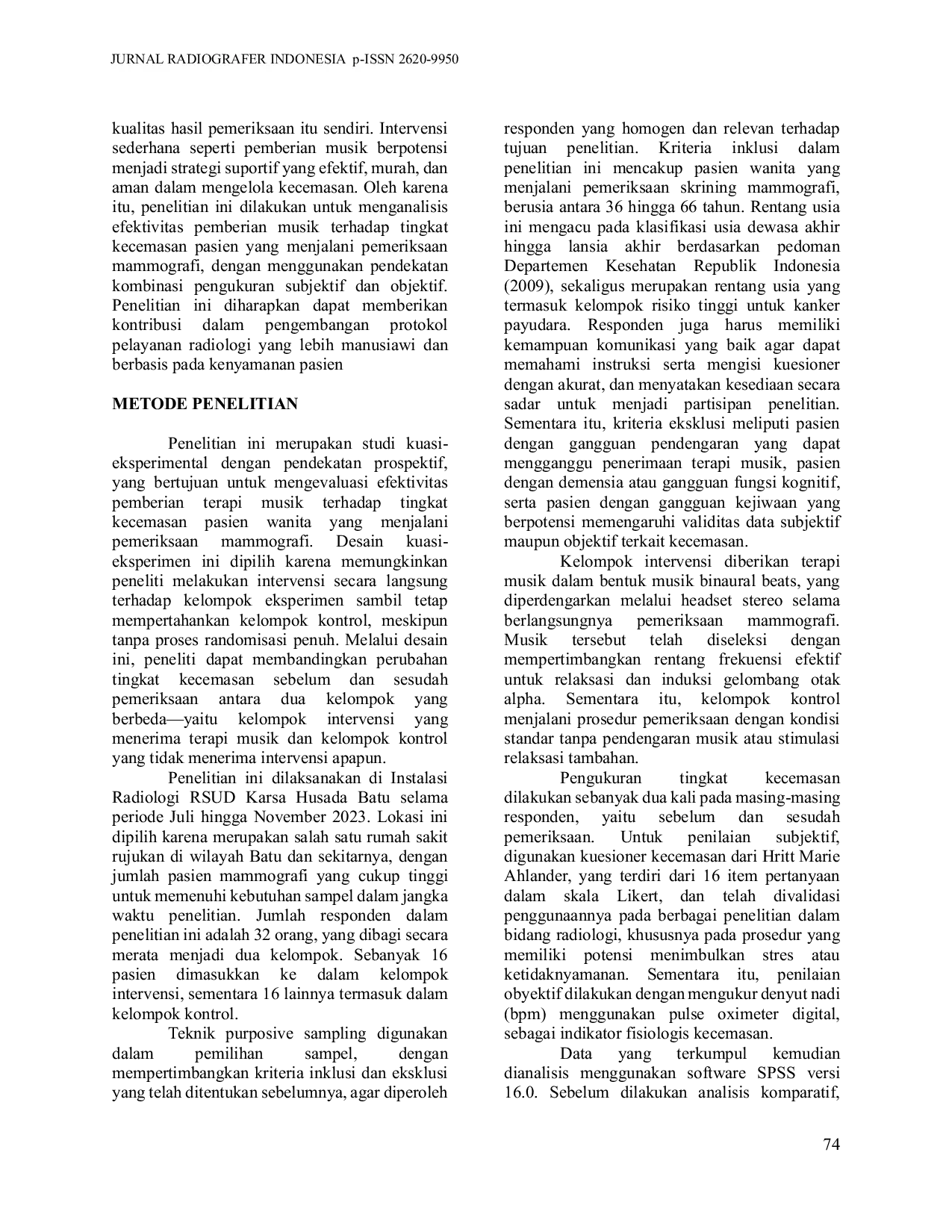 JURIS Efektifitas Pemberian Musik terhadap Tingkat Kecemasan Pasien Mammografi