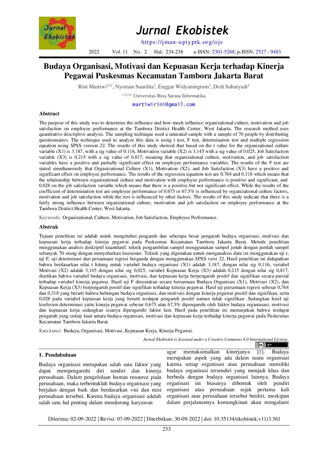 JURIS Budaya Organisasi Motivasi dan Kepuasan Kerja terhadap Kinerja Pegawai Puskesmas Kecamatan Tambora Jakarta Barat