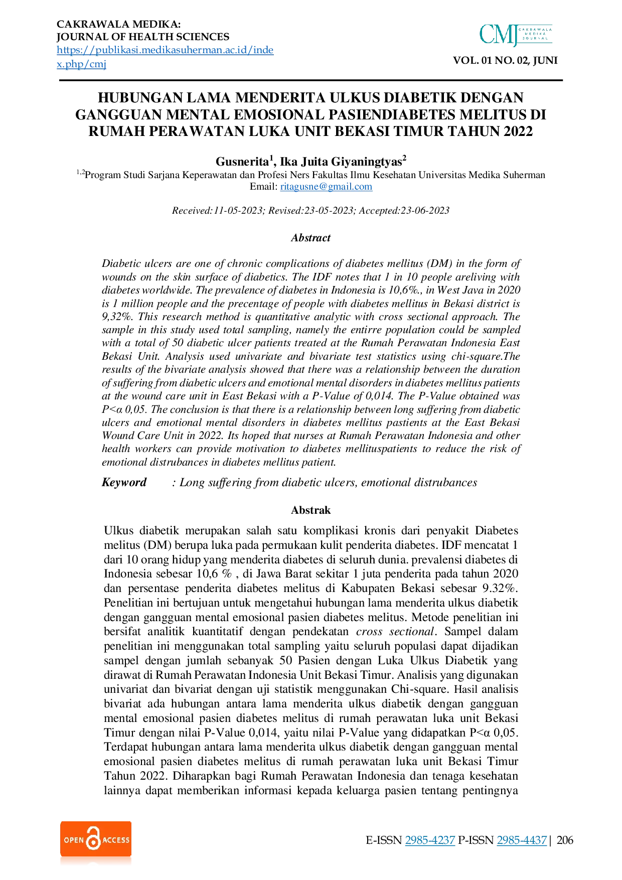 JURIS Relationship Between the Duration of Diabetic Ulcers and Emotional Mental Disorders in Diabetic Patients at the East Bekasi Wound Care Unit in 2022