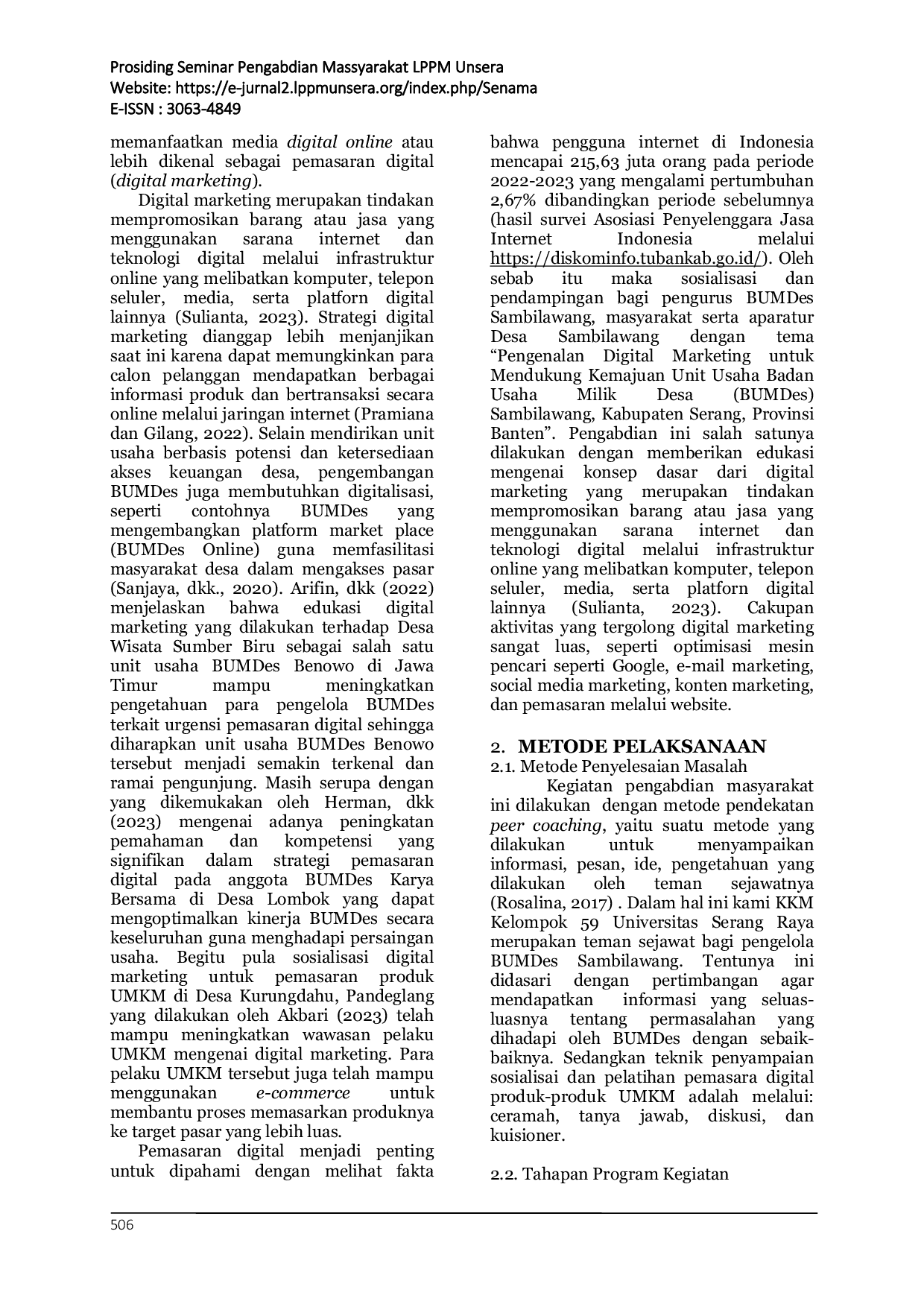 JURIS Sosialisasi dan Pendampingan Pengembangan Pemasaran Digital pada BUMDes Sambilawang Kabupaten Serang Provinsi Banten