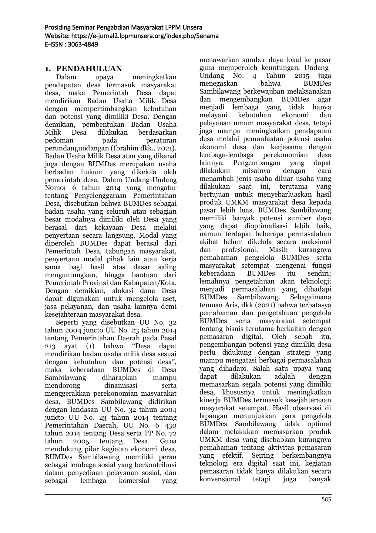 JURIS Sosialisasi dan Pendampingan Pengembangan Pemasaran Digital pada BUMDes Sambilawang Kabupaten Serang Provinsi Banten