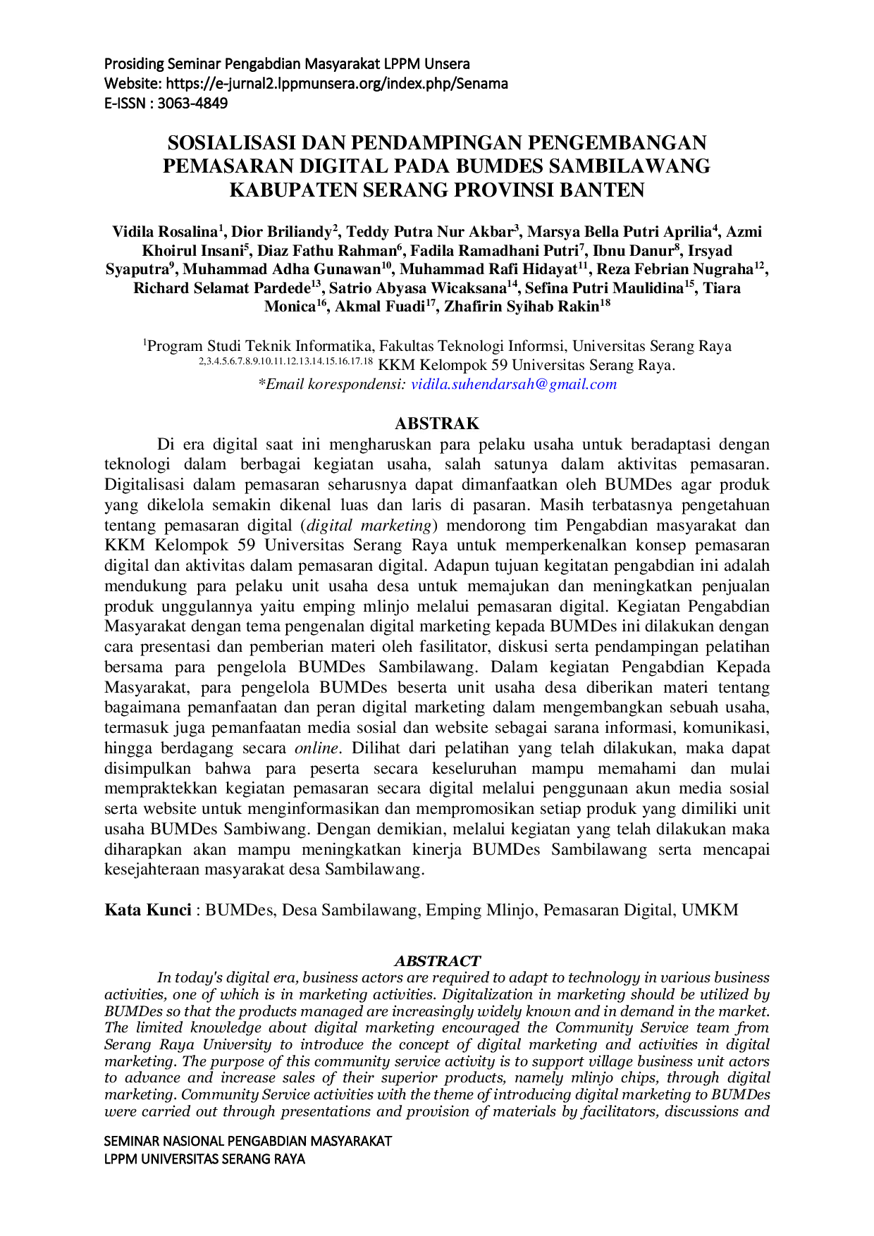 JURIS Sosialisasi dan Pendampingan Pengembangan Pemasaran Digital pada BUMDes Sambilawang Kabupaten Serang Provinsi Banten