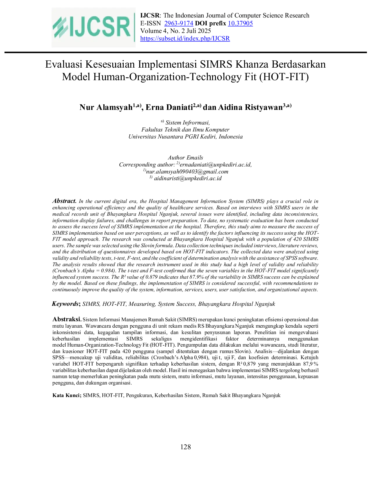 JURIS Evaluasi Kesesuaian Implementasi SIMRS Khanza Berdasarkan Model Human Organization Technology Fit HOT FIT