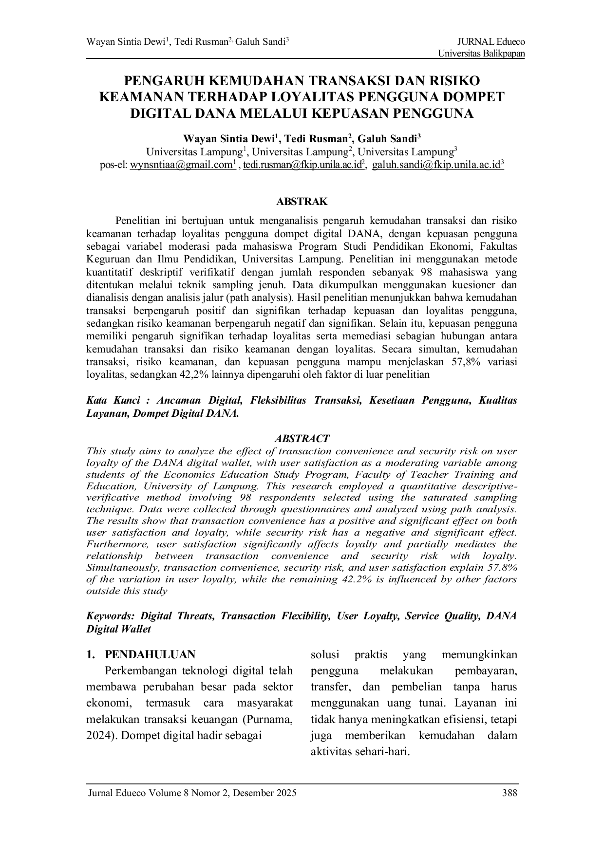 JURIS Pengaruh Kemudahan Transaksi Dan Risiko Keamanan Terhadap Loyalitas Pengguna Dompet Digital Dana Melalui Kepuasan Pengguna