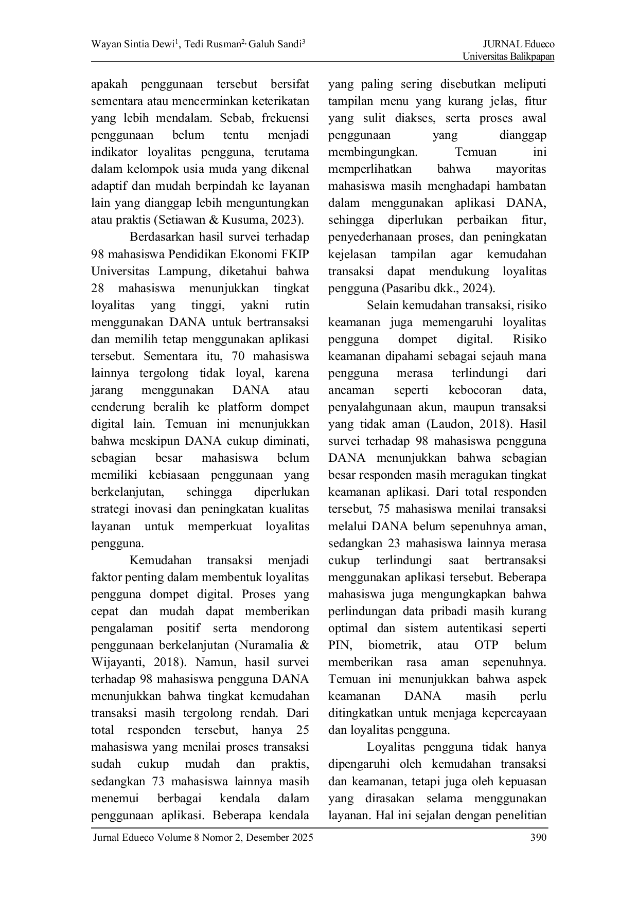 JURIS Pengaruh Kemudahan Transaksi Dan Risiko Keamanan Terhadap Loyalitas Pengguna Dompet Digital Dana Melalui Kepuasan Pengguna
