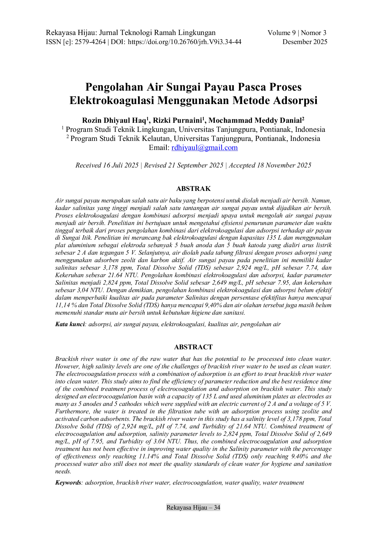 JURIS Pengolahan Air Sungai Payau Pasca Proses Elektrokoagulasi Menggunakan Metode Adsorpsi