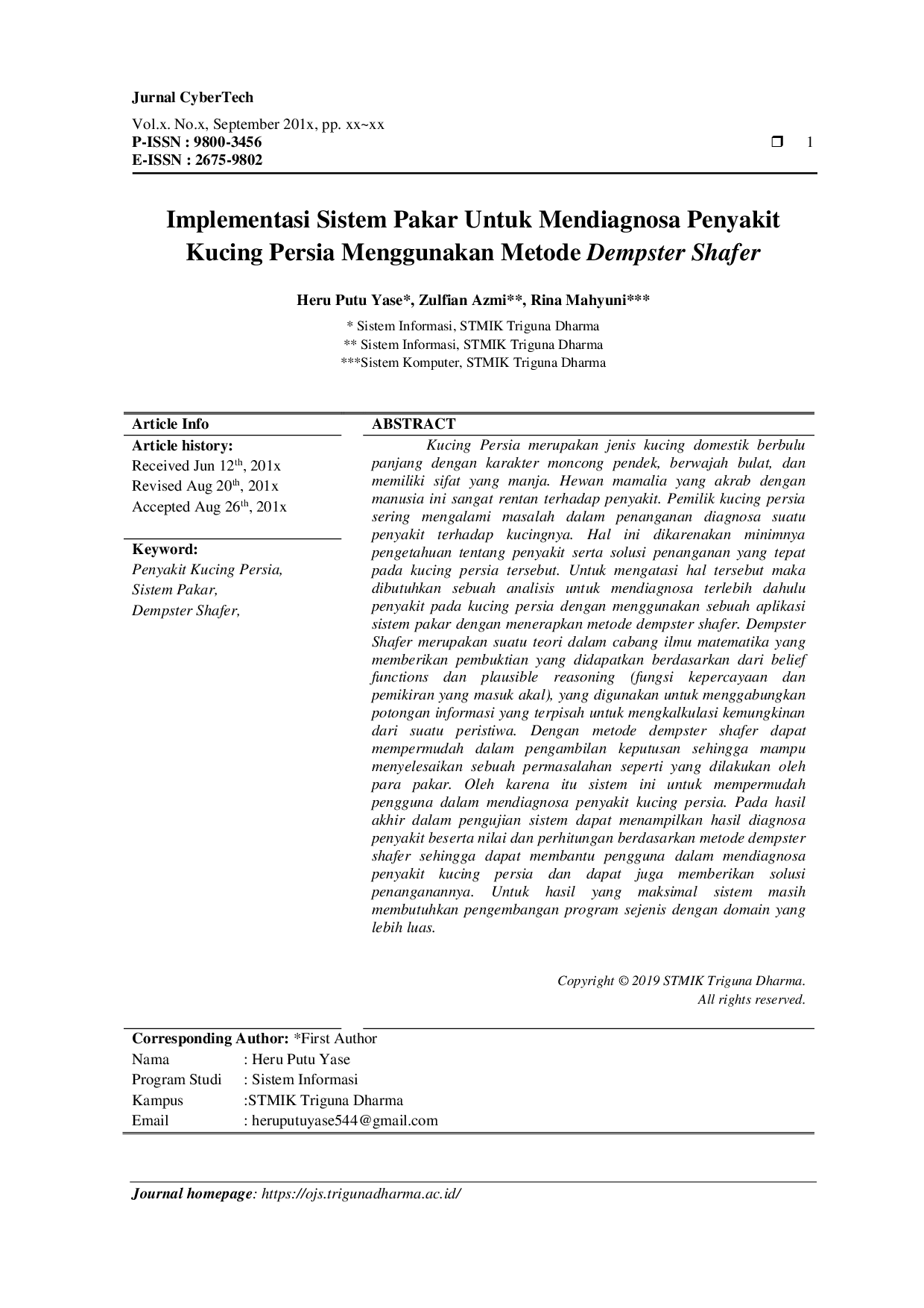 JURIS Implementasi Sistem Pakar Untuk Mendiagnosa Penyakit Kucing Persia Menggunakan Metode Dempster Shafer