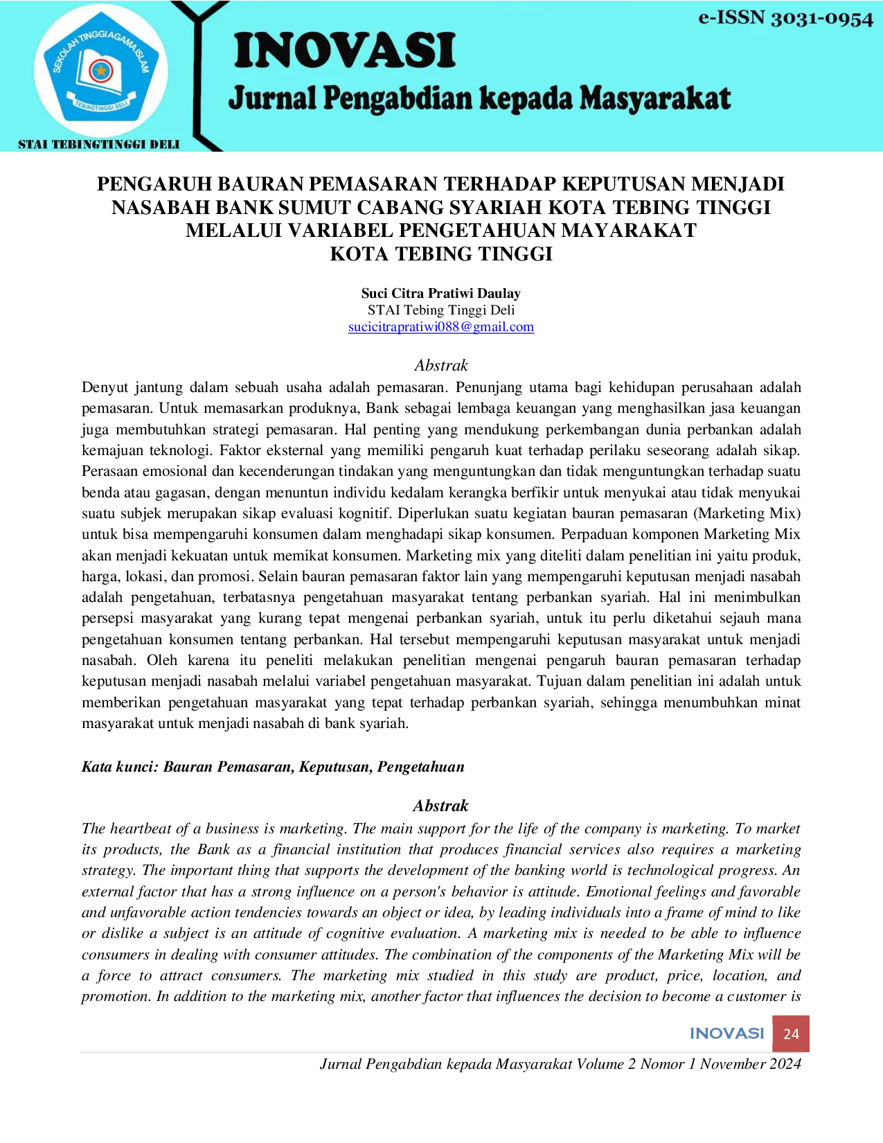 JURIS Pengaruh Bauran Pemasaran Terhadap Keputusan Menjadi Nasabah Bank Sumut Cabang Syariah Kota Tebing Tinggi Melalui Variabel Pengetahuan Mayarakat Kota Tebing Tinggi