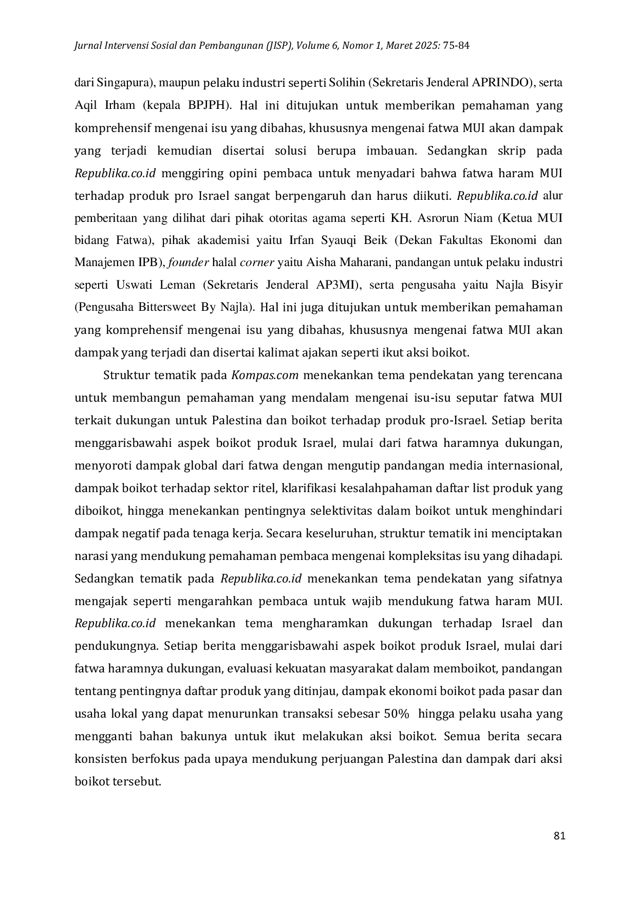 JURIS Analisis Framing Pemberitaan Fatwa MUI tentang Boikot Produk Pro Israel di Media Kompas dan Republika