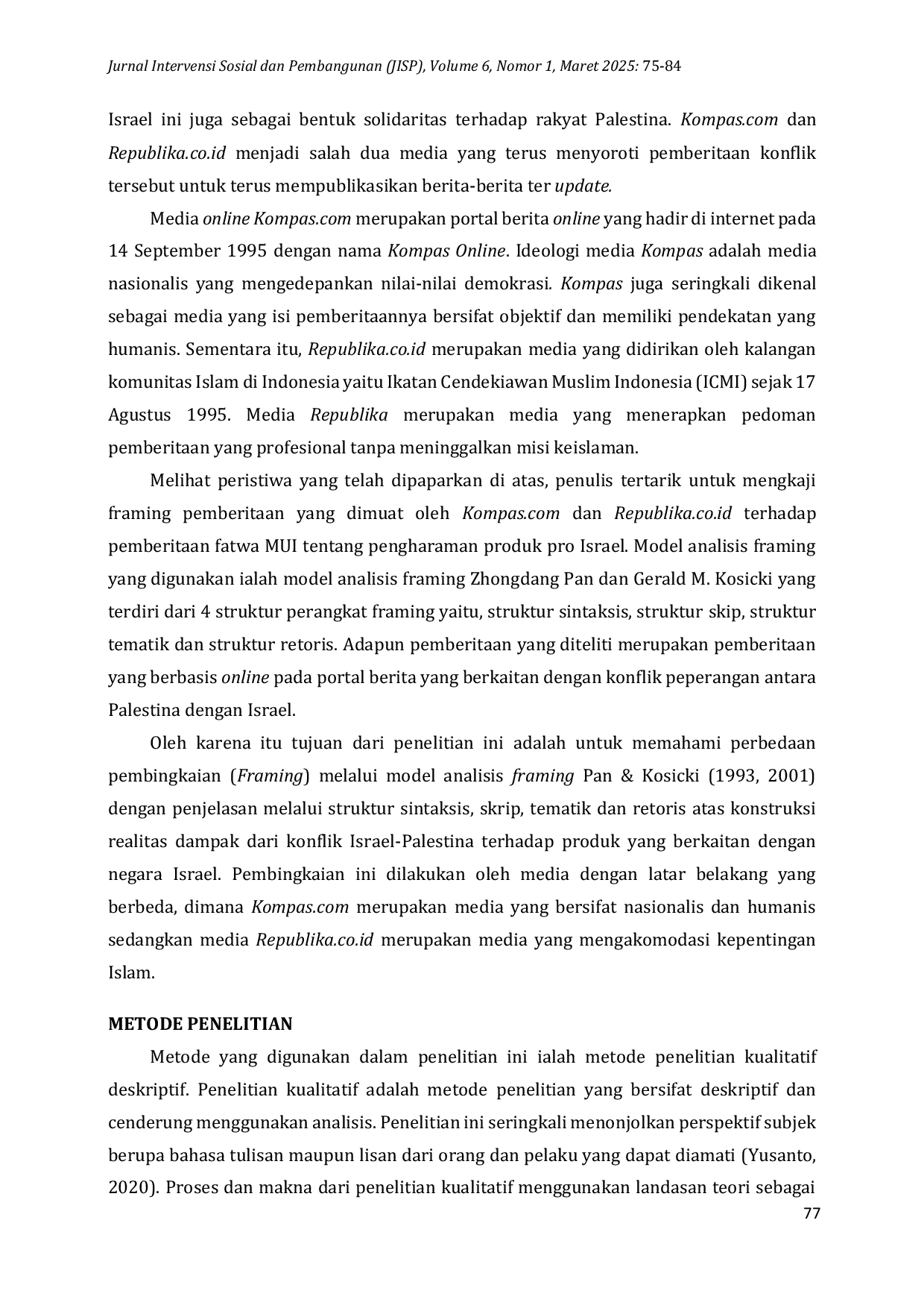 JURIS Analisis Framing Pemberitaan Fatwa MUI tentang Boikot Produk Pro Israel di Media Kompas dan Republika