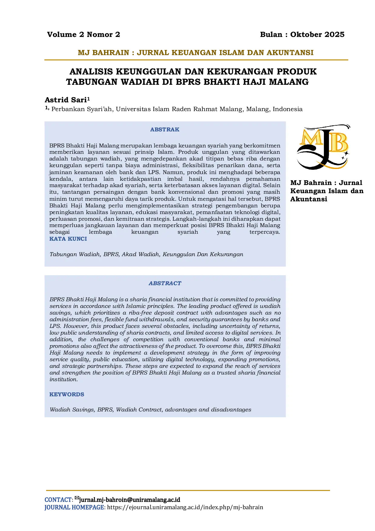 JURIS Analisis Keunggulan Dan Kekurangan Produk Tabungan Wadi ah Di Bprs Bhakti Haji Malang