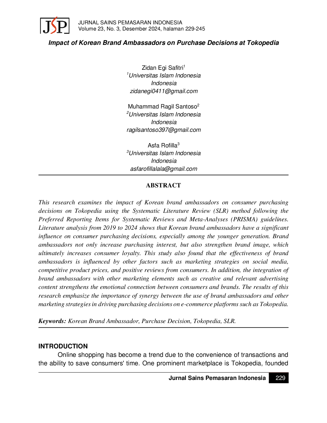 JURIS Impact of Korean Brand Ambassadors on Purchase Decisions at Tokopedia