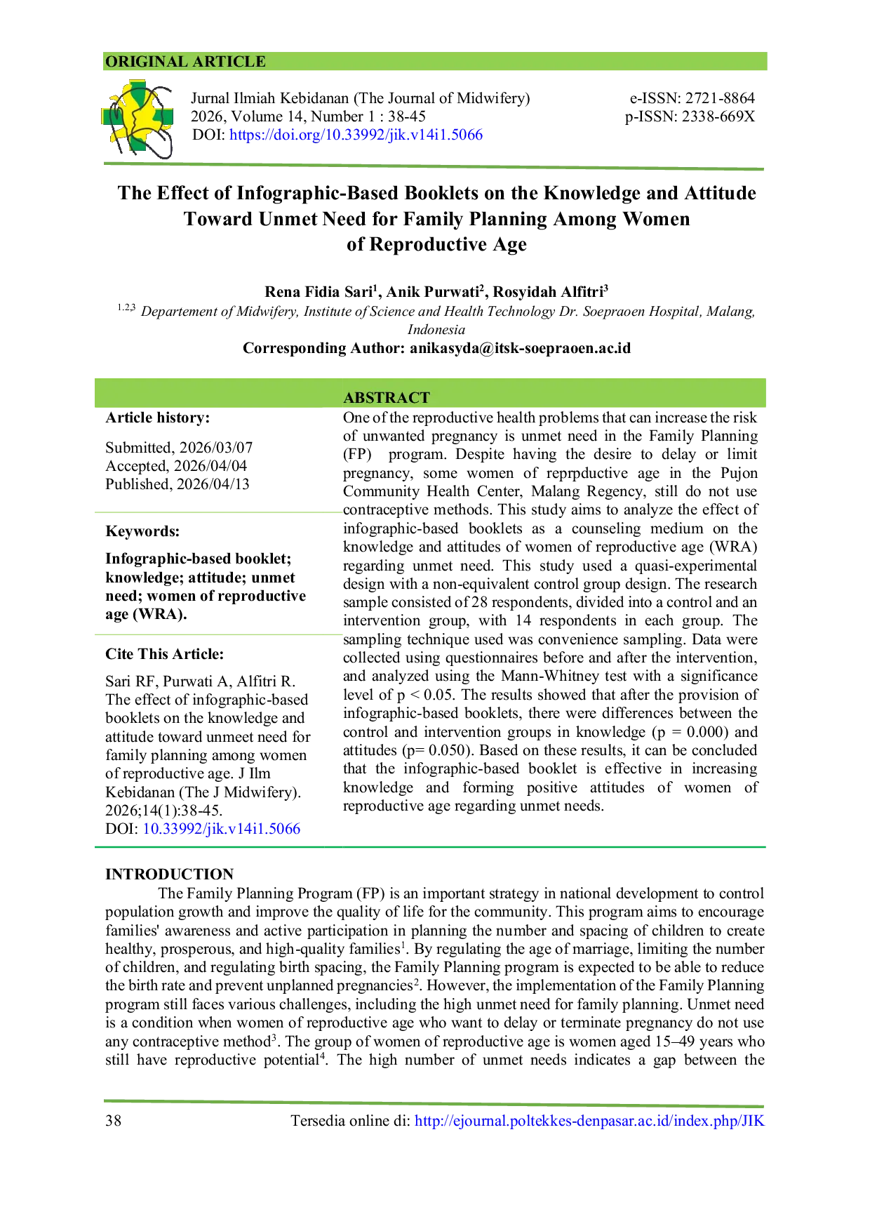 JURIS The Effect of Infographic Based Booklets on the Knowledge and Attitude Toward Unmet Need for Family Planning Among Women of Reproductive Age