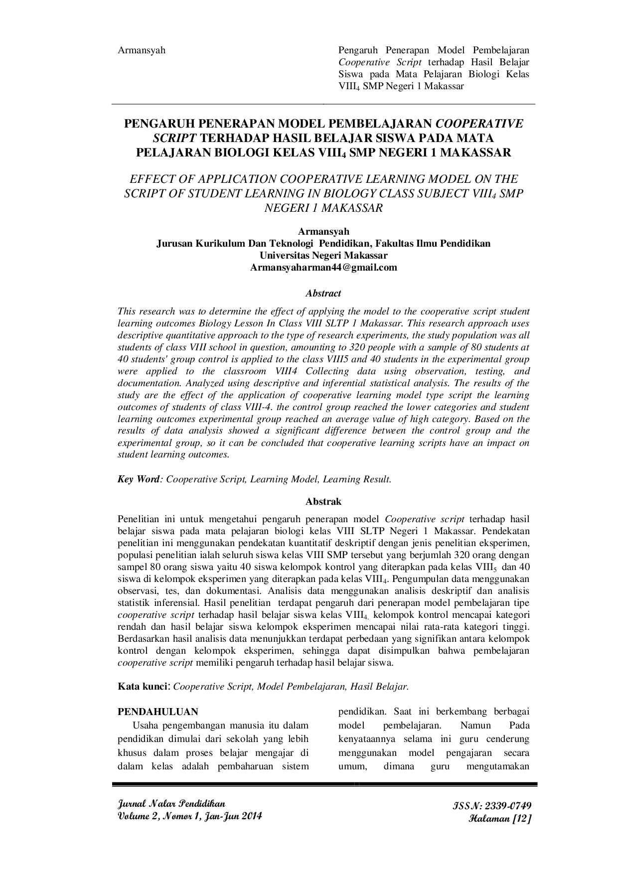 JURIS Pengaruh Penerapan Model Pembelajaran Cooperative Script Terhadap Hasil Belajar Siswa Pada Mata Pelajaran Biologi Kelas VIII